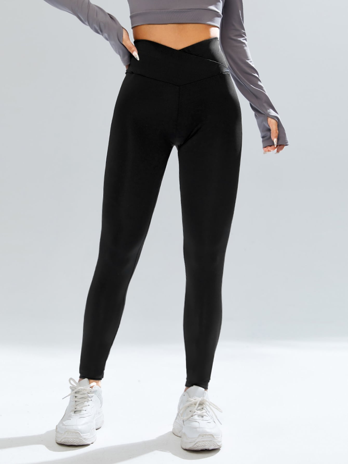 SHEIN EZwear Women's Solid Hot Yoga Black V High Waist Leggings