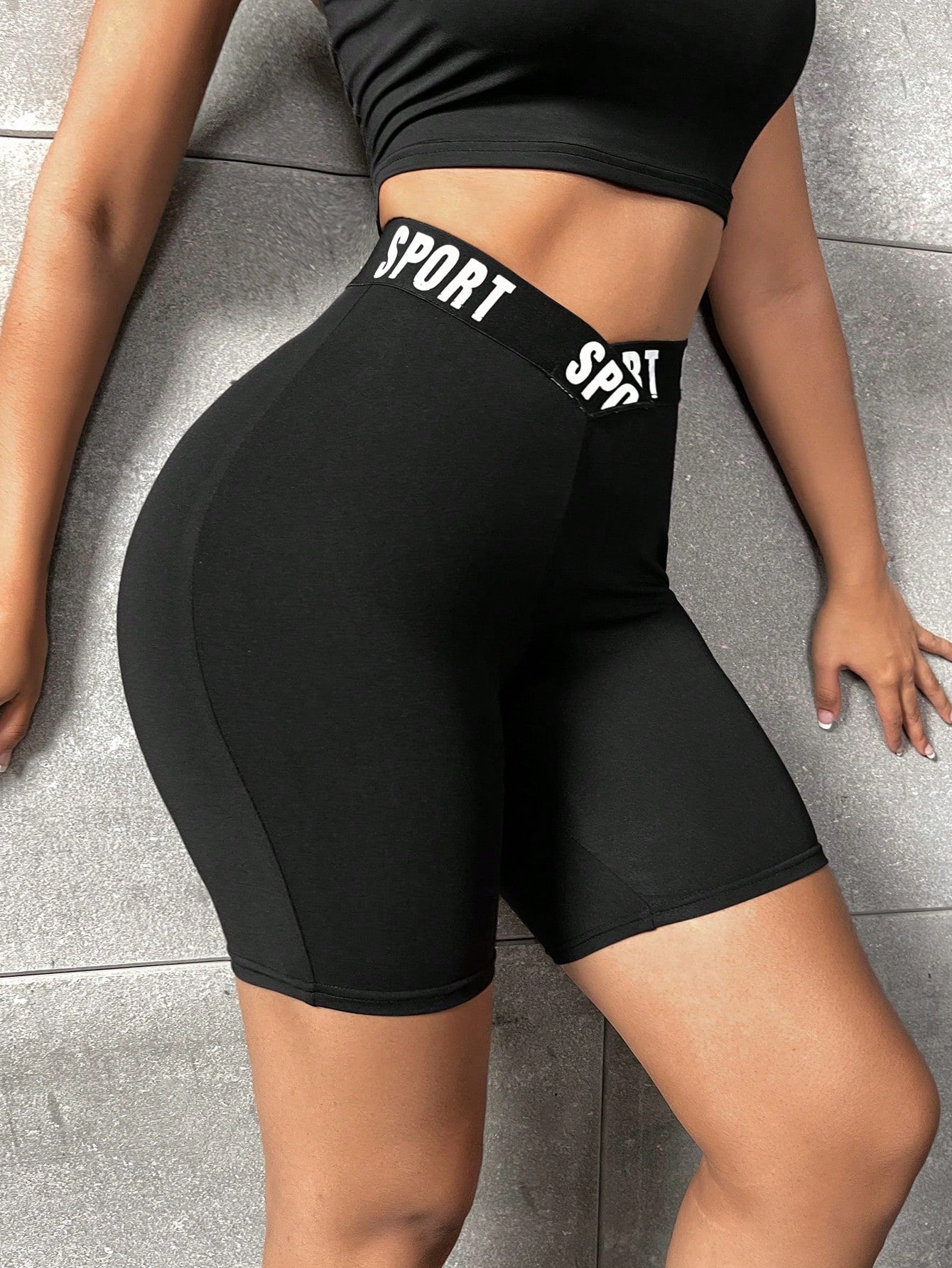 SHEIN SXY Letter Graphic Stepped Waist Cycling Shorts