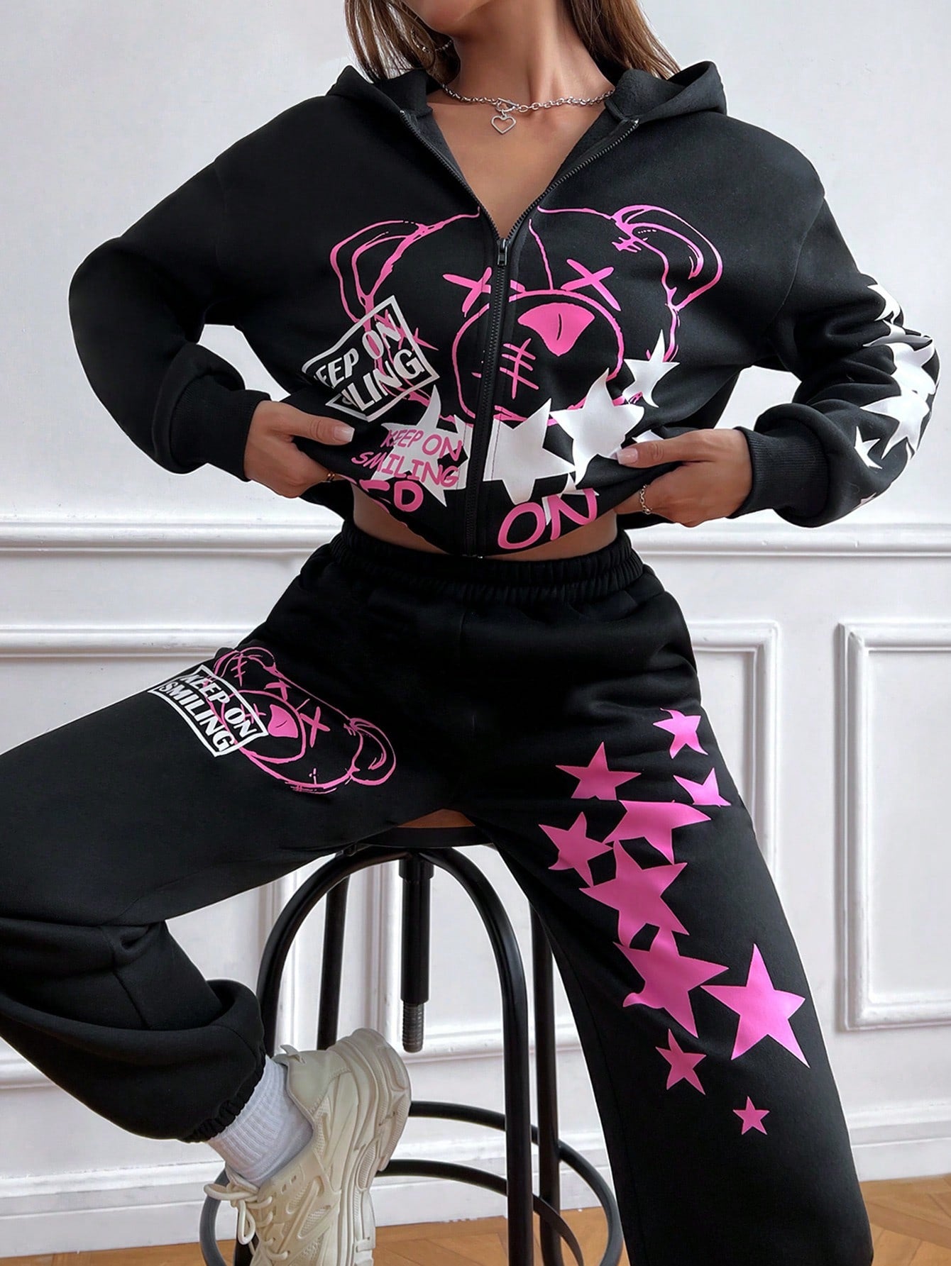 Chic and Cozy SHEIN MOOSTA Letter Graphic Hoodie & Sweatpants Set