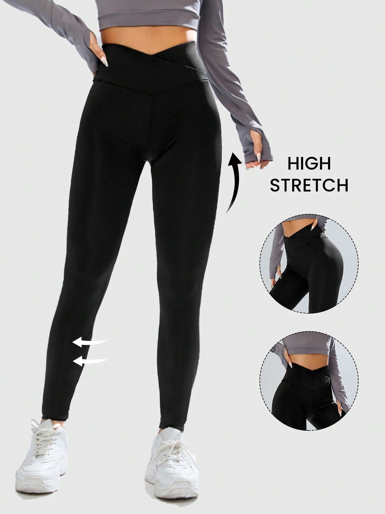 SHEIN EZwear Women's Solid Hot Yoga Black V High Waist Leggings