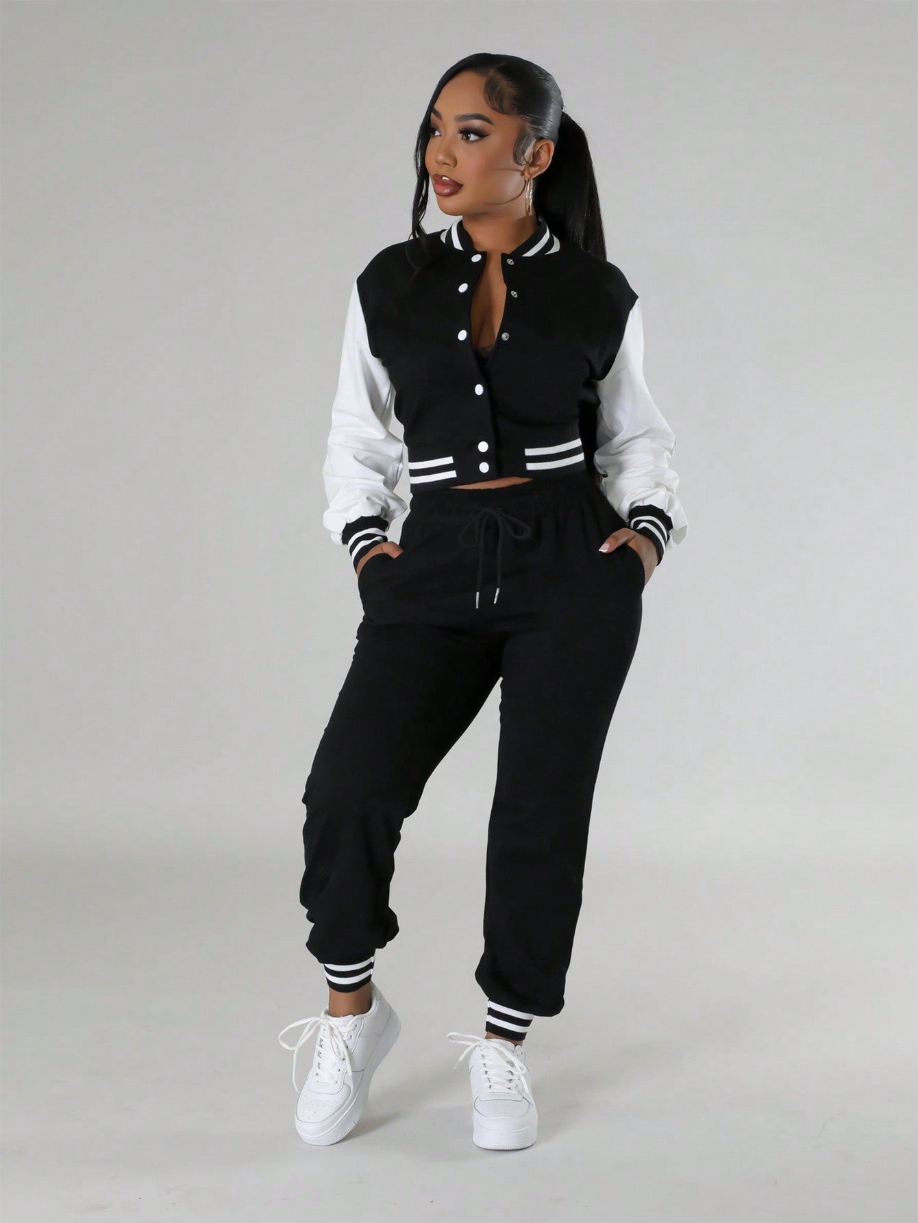 Chic & Comfortable: 2-Piece Women's Casual Sports Bomber Jacket & Sweatpants Set