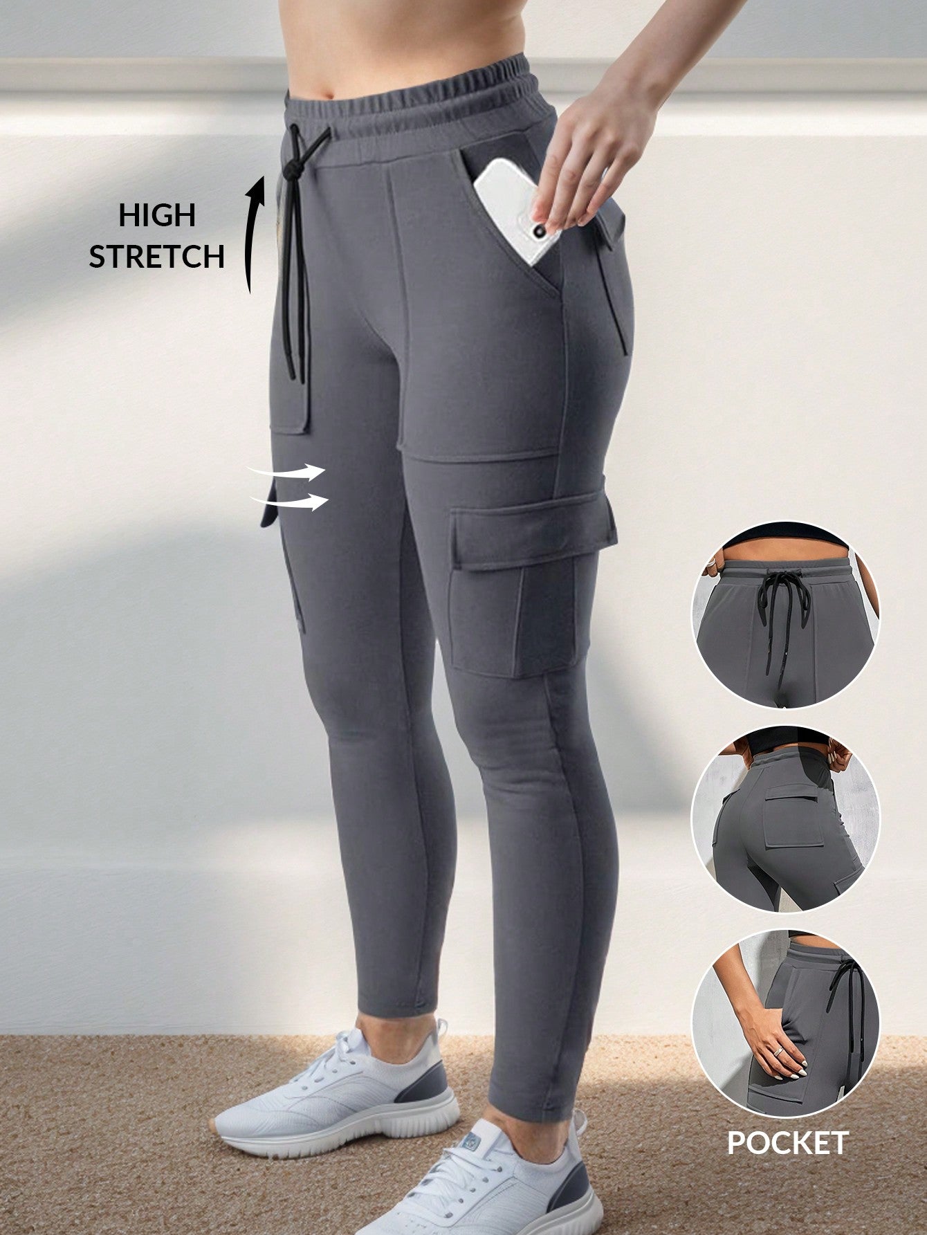 SHEIN EZwear Women's Yoga Sweatpants With Pockets Stretch Tapered Jogging Pants Drawstring Running Casual Hiking