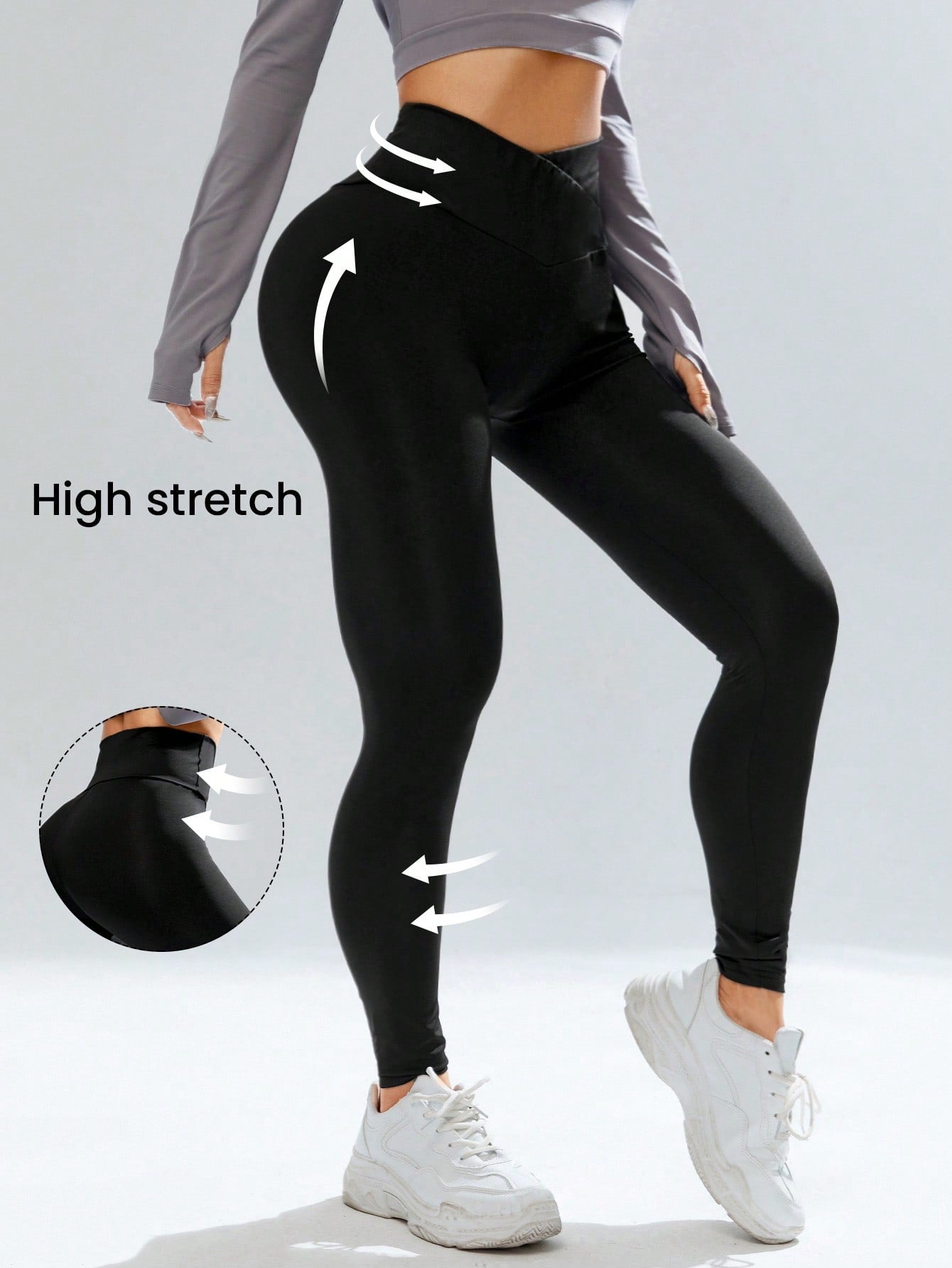 SHEIN EZwear Women's Solid Hot Yoga Black V High Waist Leggings