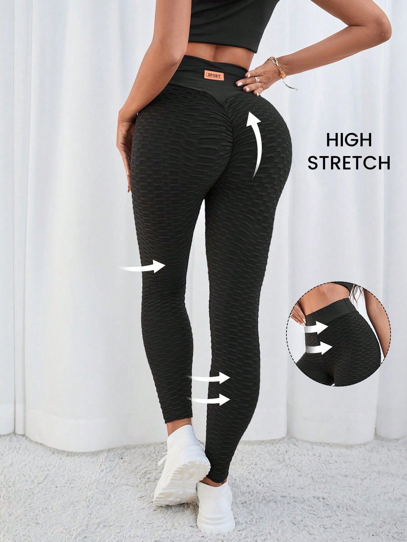 SHEIN Essnce Women High Waist Letter Patched Butt Lifting Ruched Sports Leggings