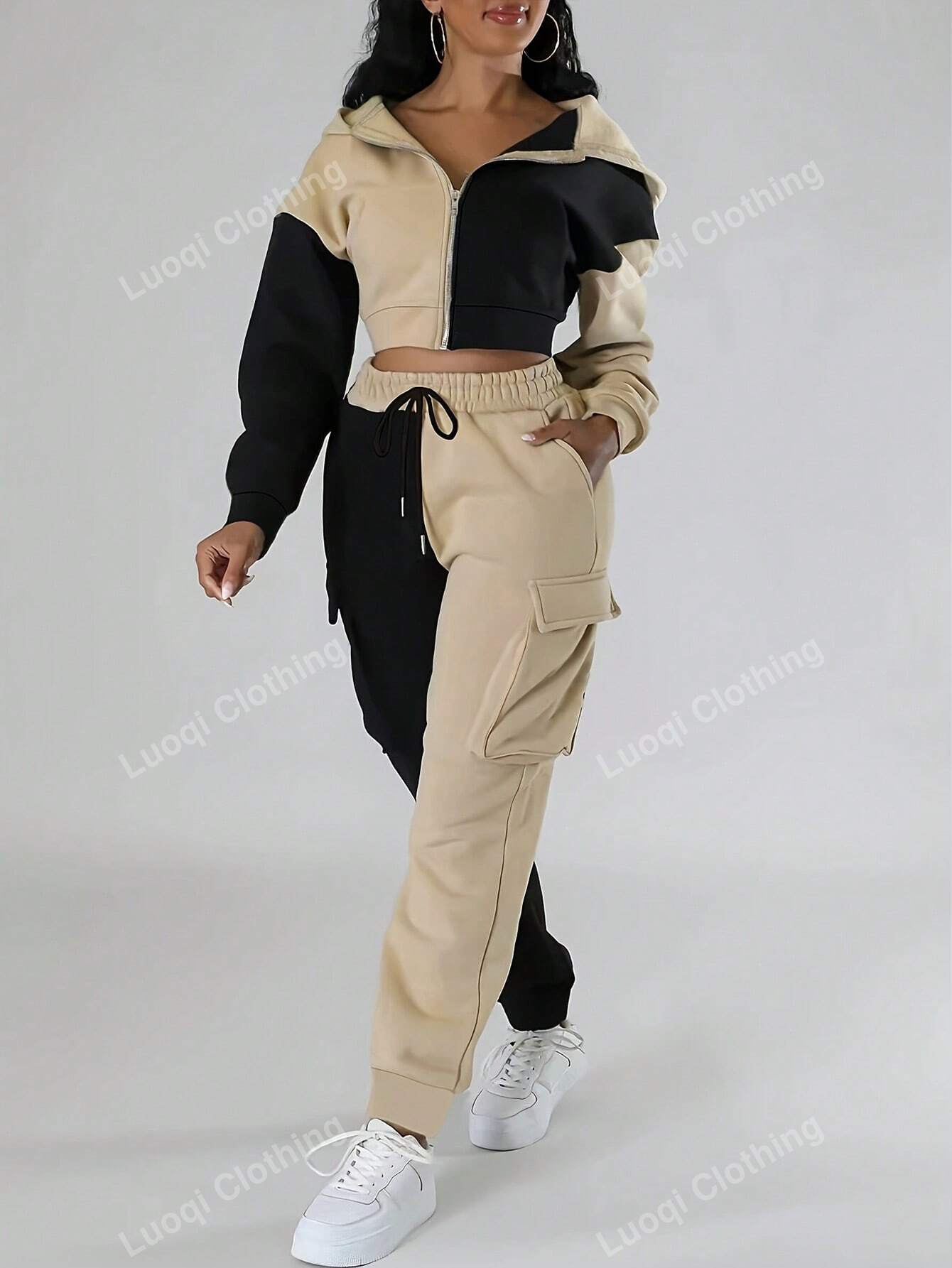 Cozy & Chic: Women's 2-Piece Sporty Fleece-Lined Hoodie & Cargo Sweatpants Set