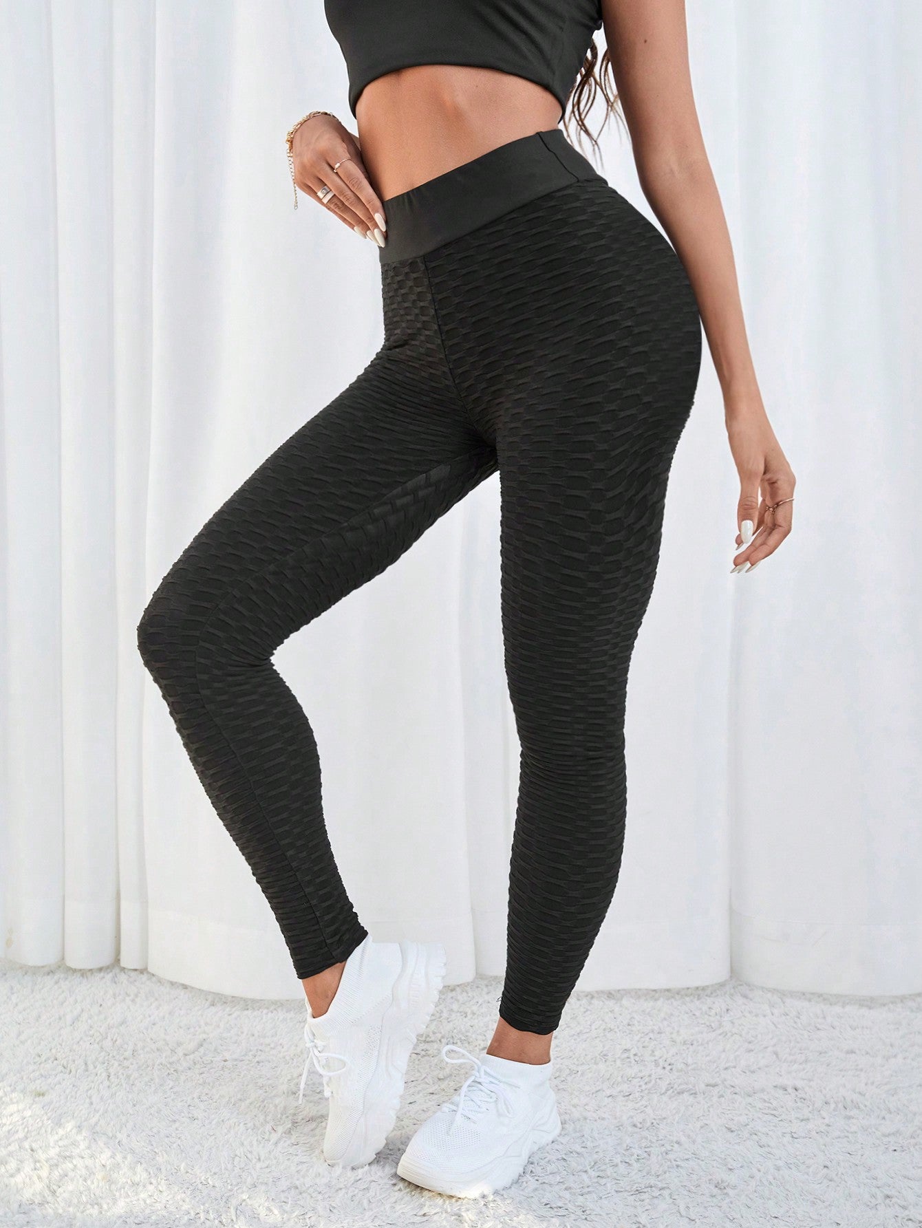 SHEIN Essnce Women High Waist Letter Patched Butt Lifting Ruched Sports Leggings