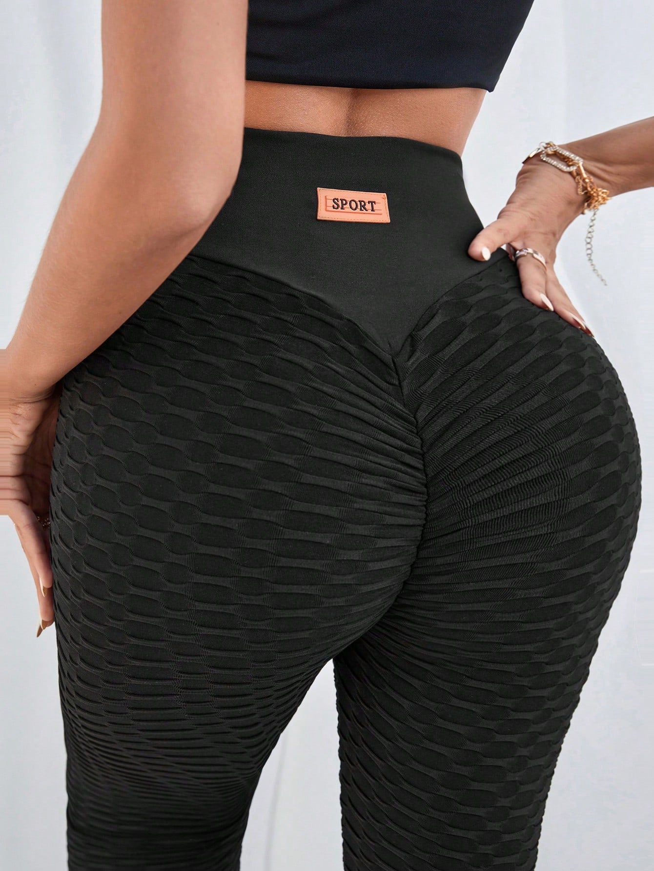 SHEIN Essnce Women High Waist Letter Patched Butt Lifting Ruched Sports Leggings