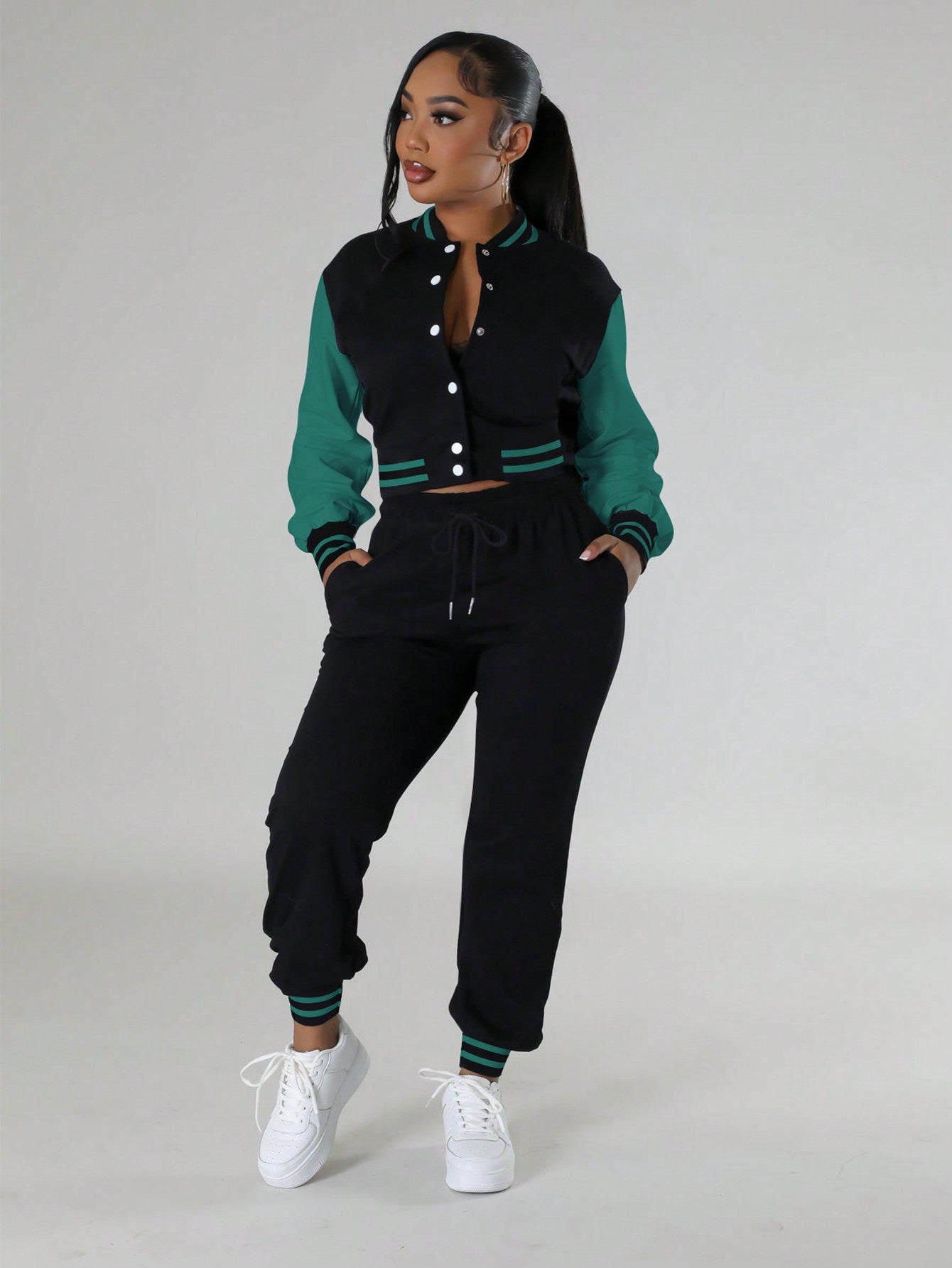 Chic & Comfortable: 2-Piece Women's Casual Sports Bomber Jacket & Sweatpants Set