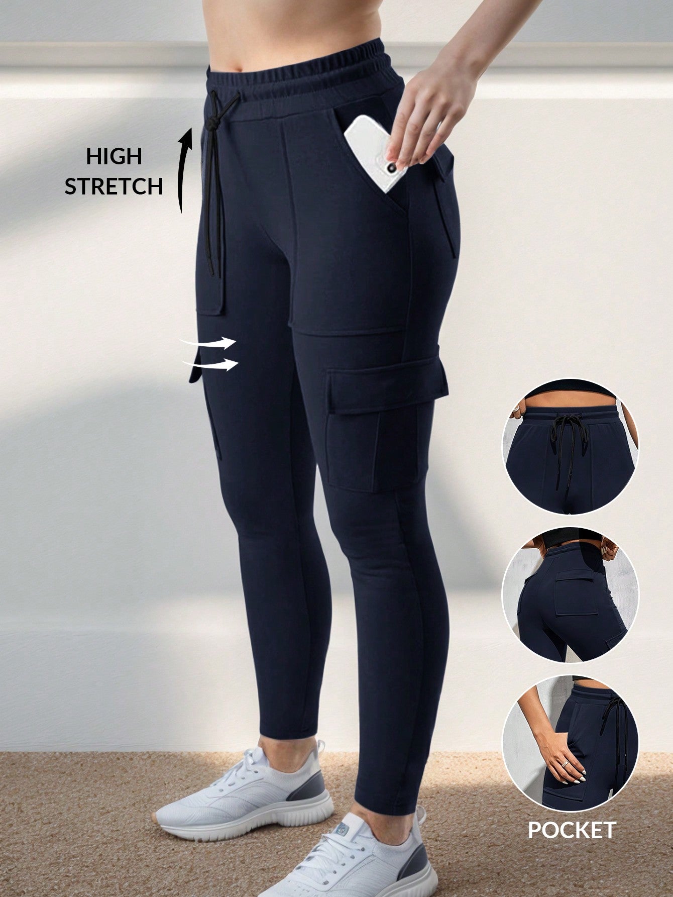 SHEIN EZwear Women's Yoga Sweatpants With Pockets Stretch Tapered Jogging Pants Drawstring Running Casual Hiking