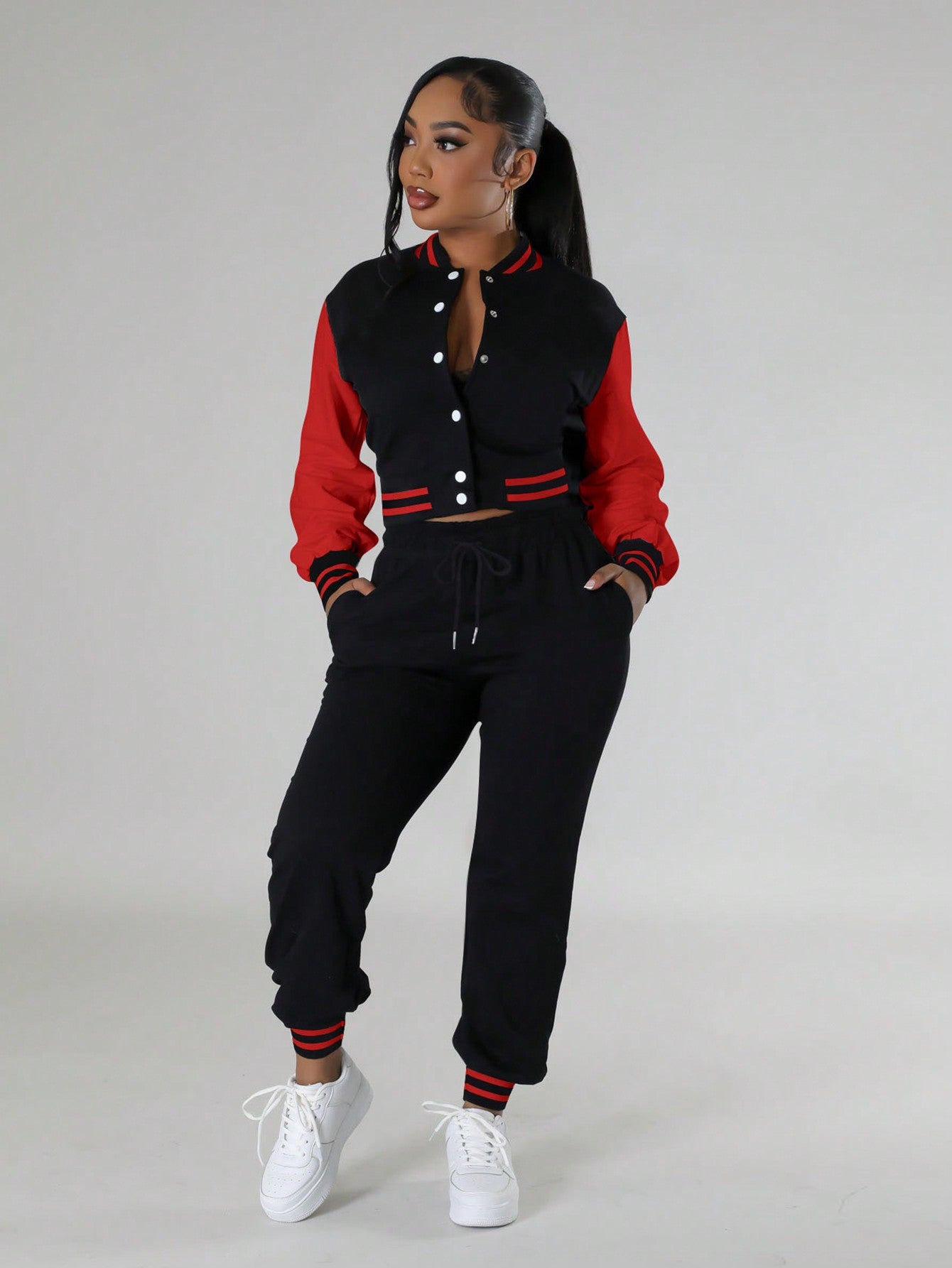 Chic & Comfortable: 2-Piece Women's Casual Sports Bomber Jacket & Sweatpants Set