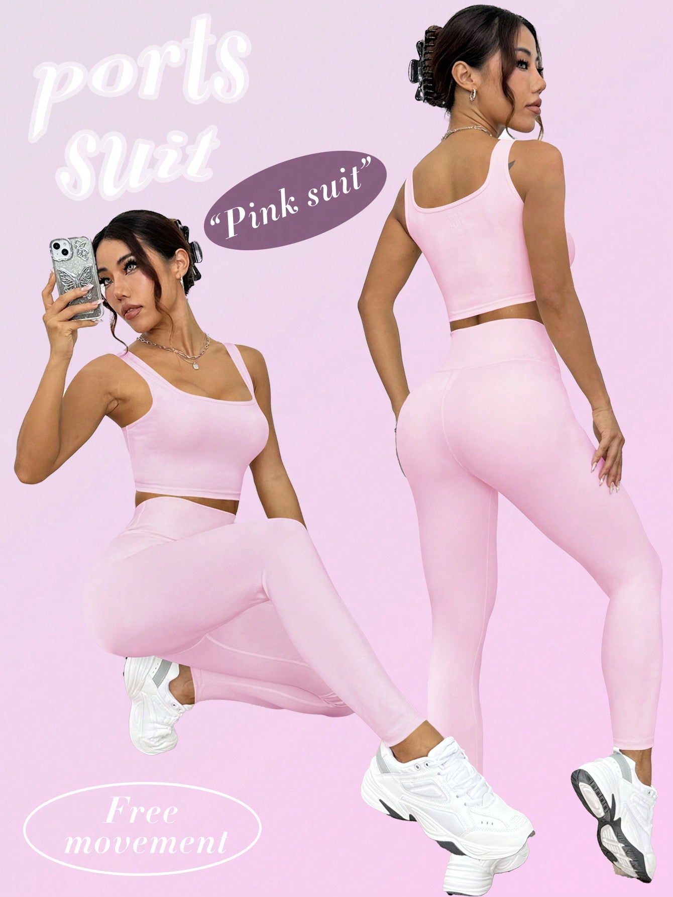 SHEIN Sport Easify Women's Sports Yoga Six-Piece Set, Tight-Fitting Square Neck Vest And High-Waist Leggings, Running Fitness Workout Suit, Sexy Butt-Lifting Basic Commute Top And Leggings