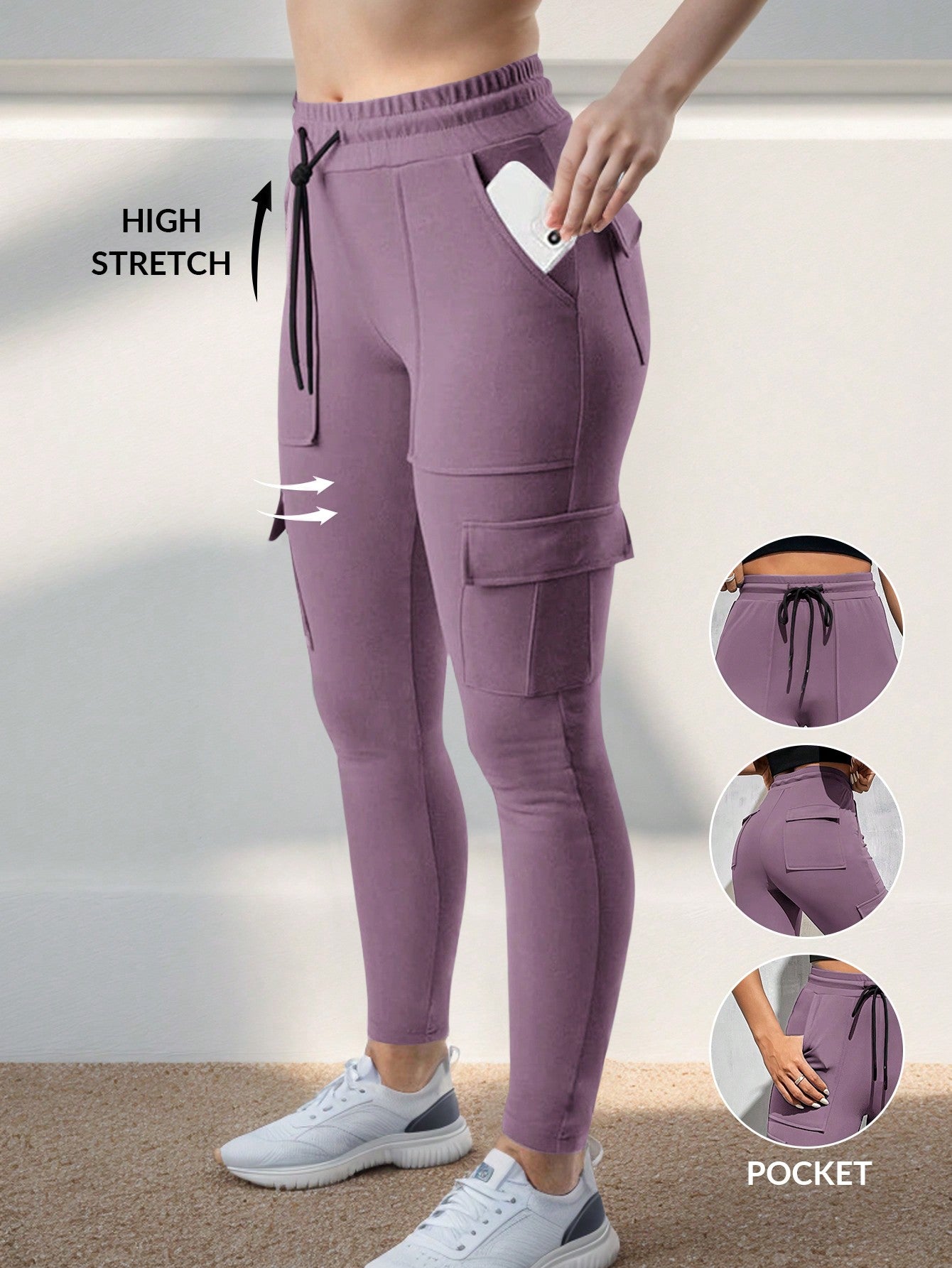 SHEIN EZwear Women's Yoga Sweatpants With Pockets Stretch Tapered Jogging Pants Drawstring Running Casual Hiking