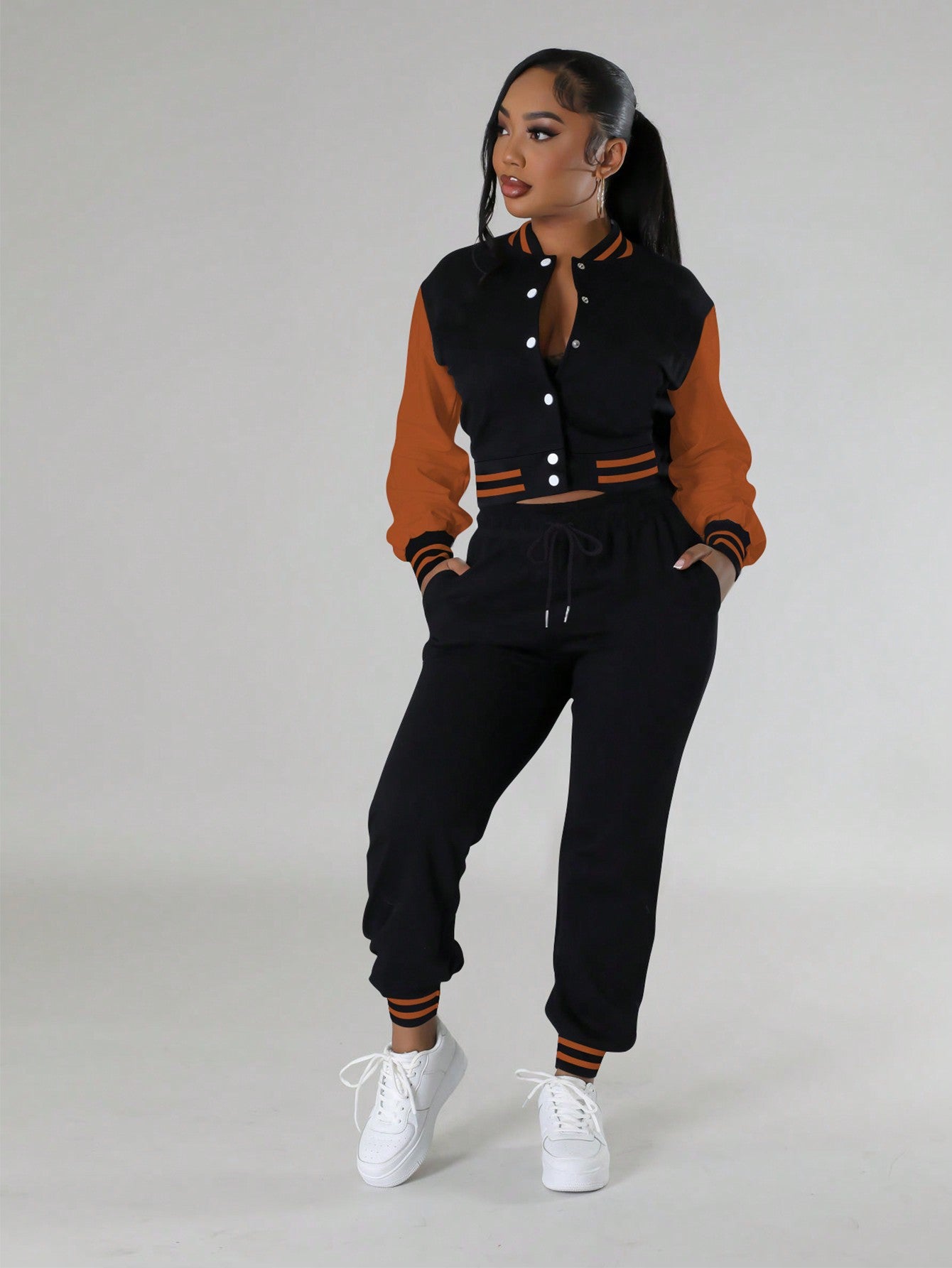 Chic & Comfortable: 2-Piece Women's Casual Sports Bomber Jacket & Sweatpants Set