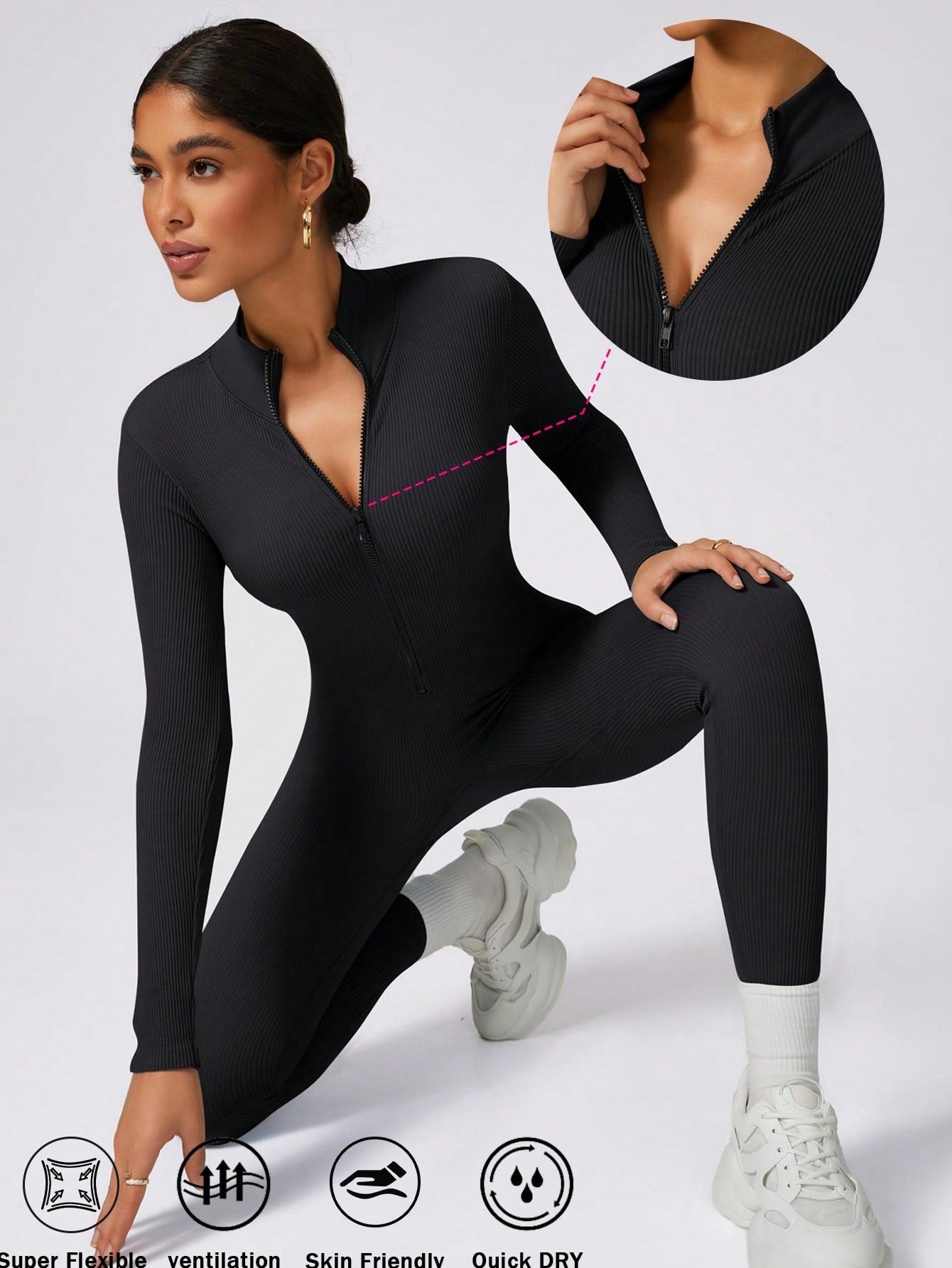 Women Zipper Front Long Sleeve Fitness Yoga Outfit - Bodycon Waist Tight Sports Jumpsuit For Running, Workout, Pilates