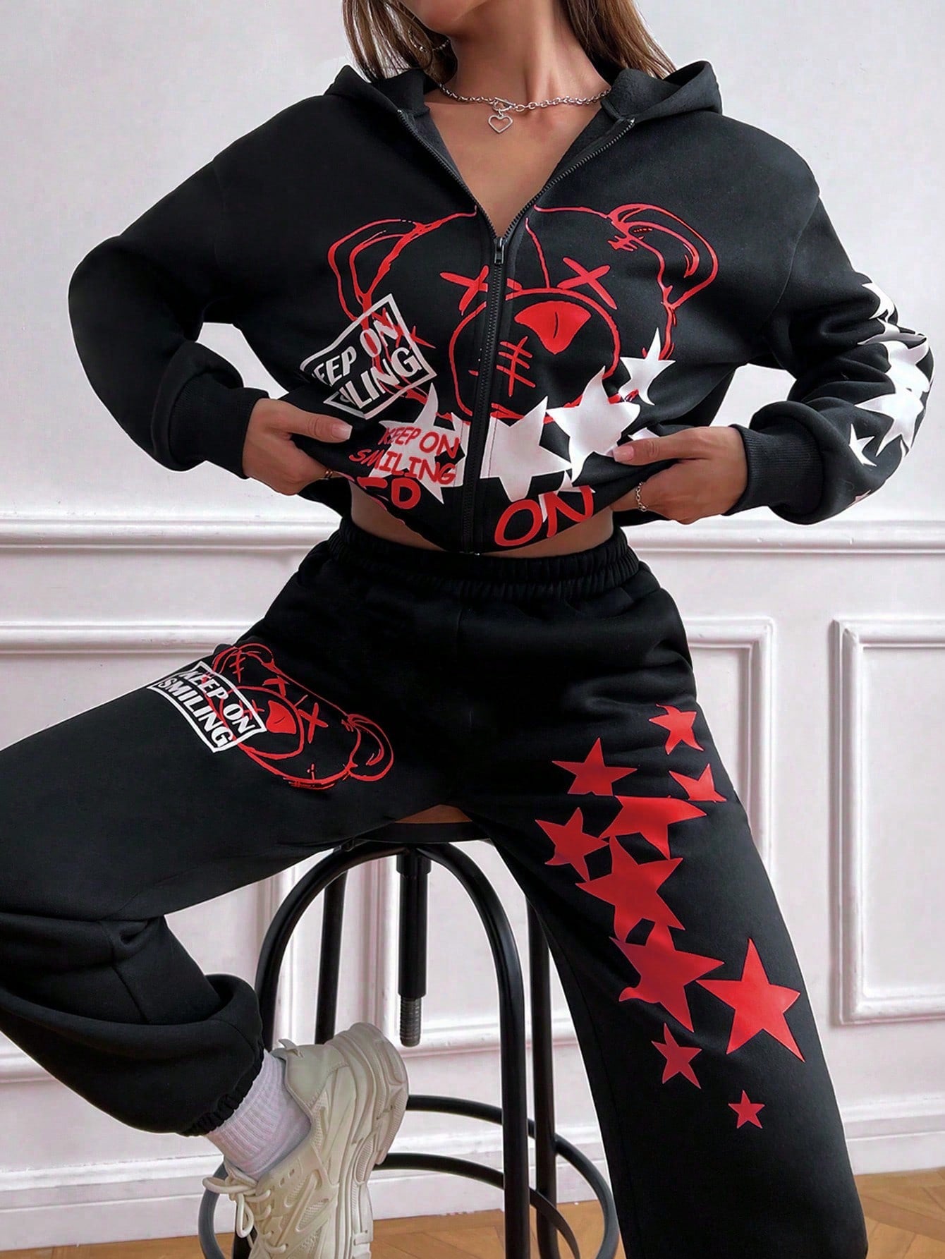 Chic and Cozy SHEIN MOOSTA Letter Graphic Hoodie & Sweatpants Set