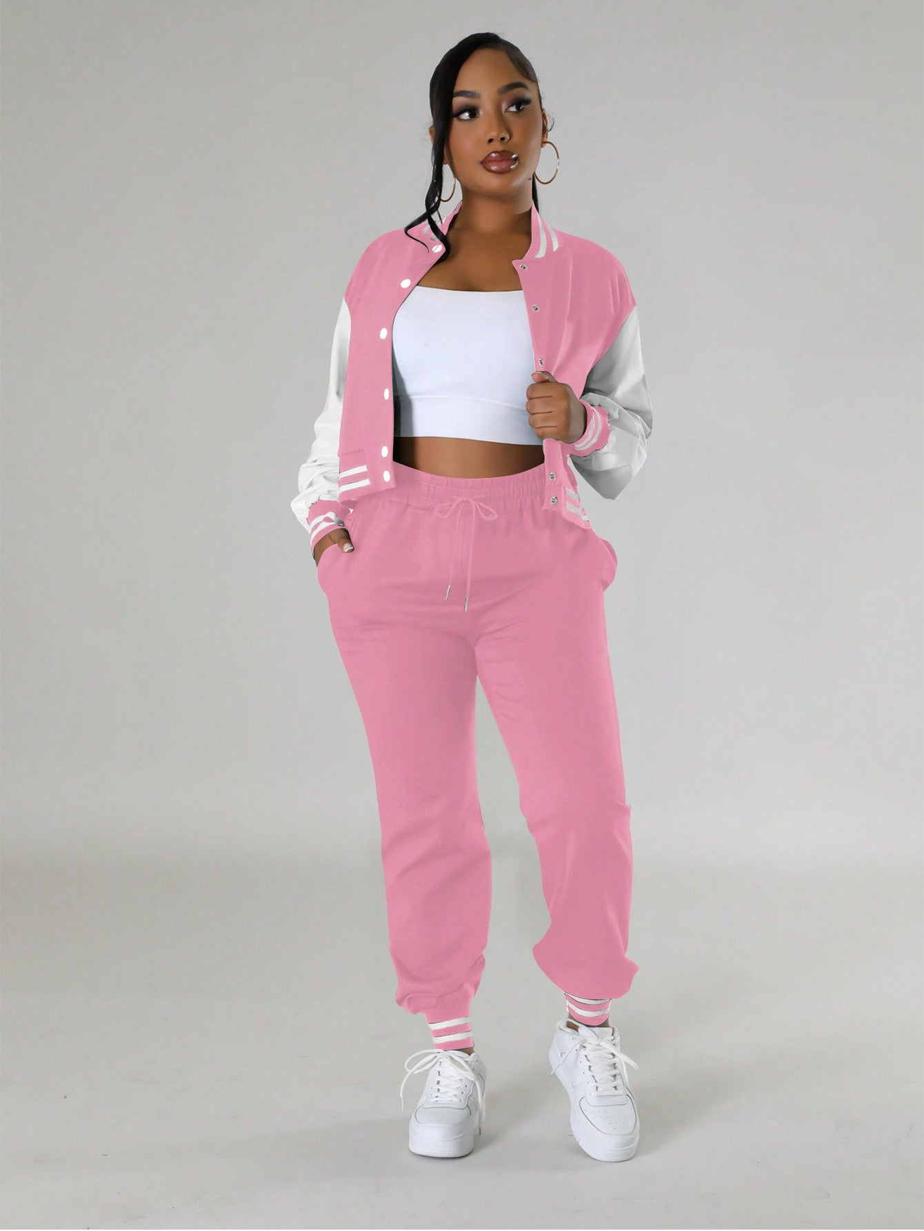 Chic & Comfortable: 2-Piece Women's Casual Sports Bomber Jacket & Sweatpants Set