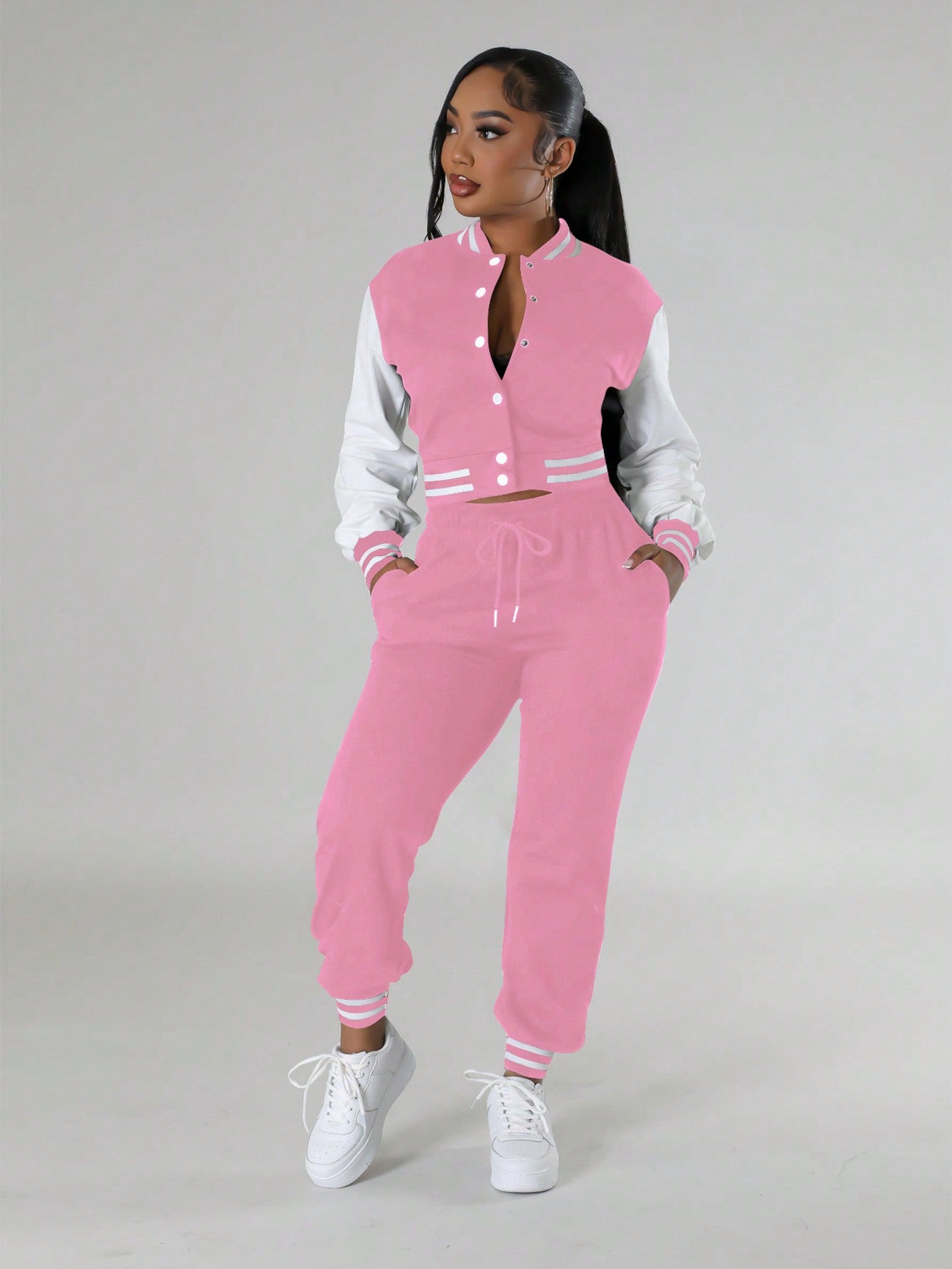 Chic & Comfortable: 2-Piece Women's Casual Sports Bomber Jacket & Sweatpants Set