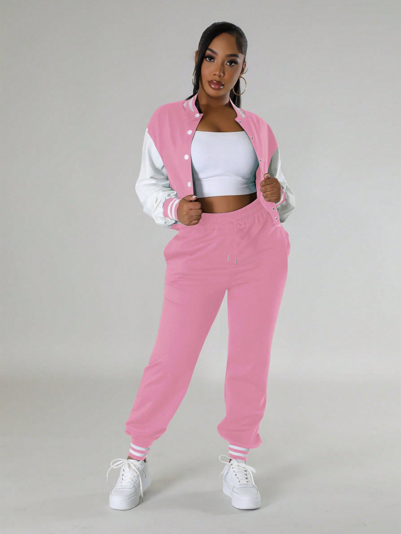 Chic & Comfortable: 2-Piece Women's Casual Sports Bomber Jacket & Sweatpants Set