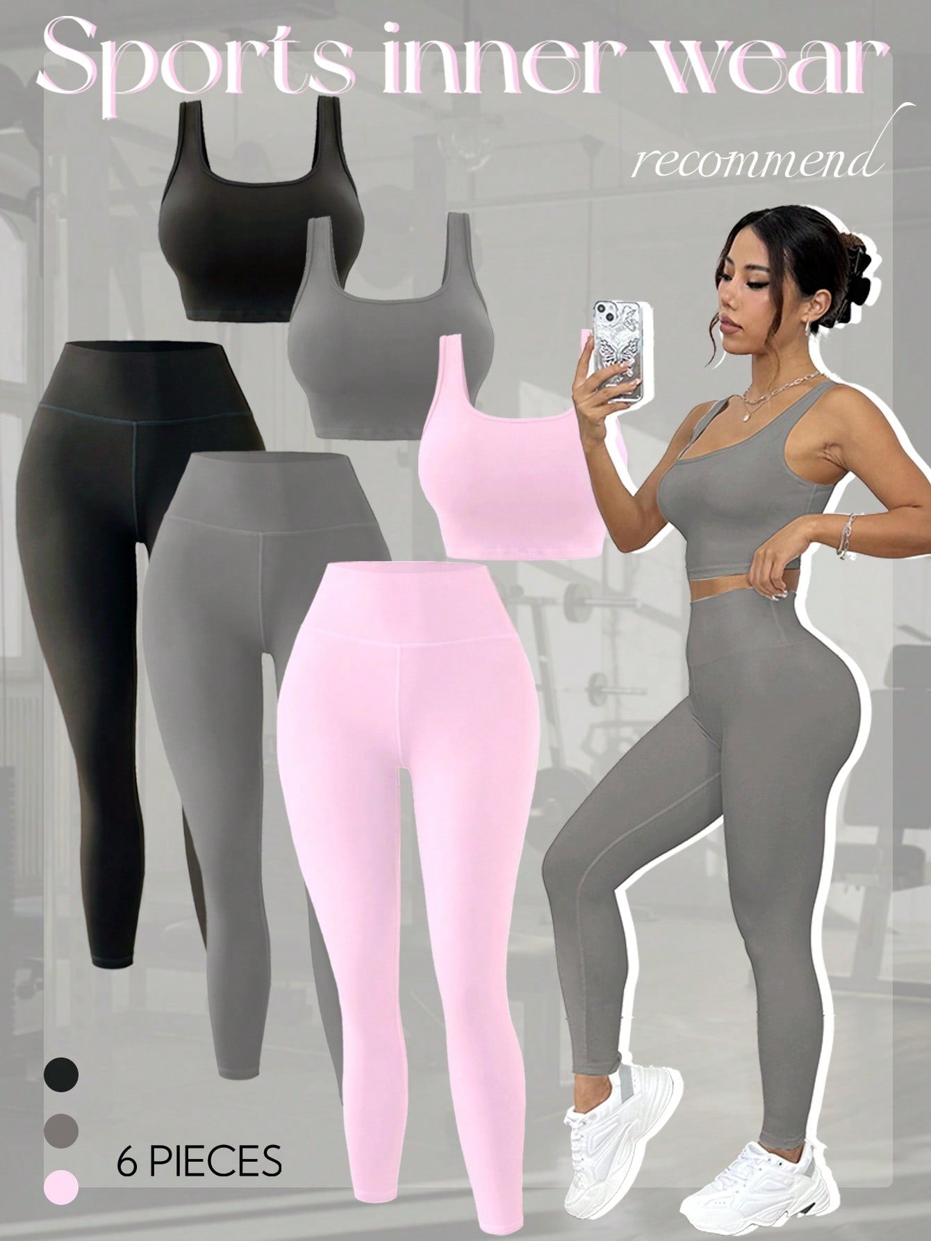 SHEIN Sport Easify Women's Sports Yoga Six-Piece Set, Tight-Fitting Square Neck Vest And High-Waist Leggings, Running Fitness Workout Suit, Sexy Butt-Lifting Basic Commute Top And Leggings