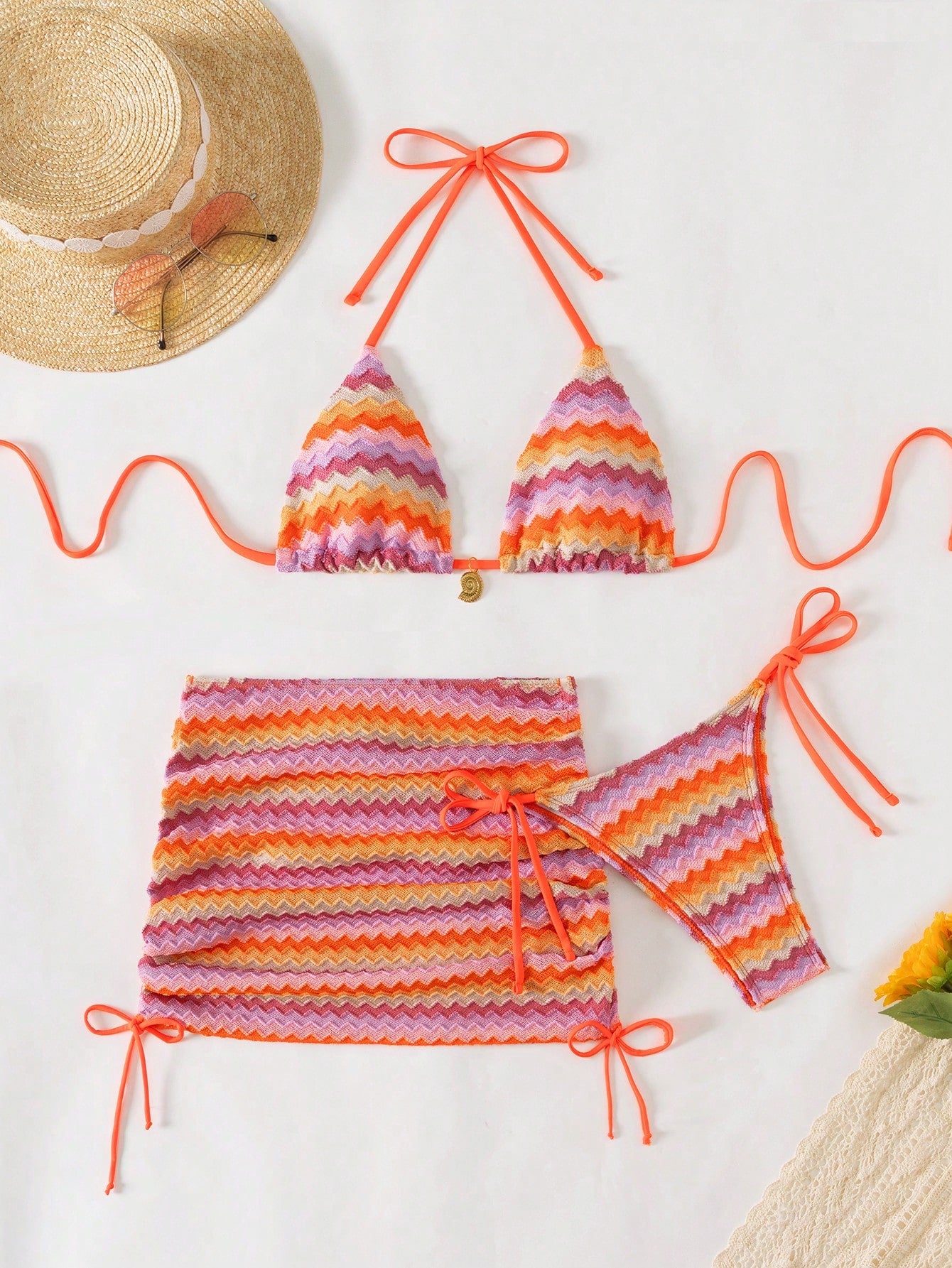 SHEIN Swim Mod 3pcs/Set Women Rainbow Striped Special Fabric Halter Neck Triangle Bikini Set With Drawstring Tie Side Bottoms