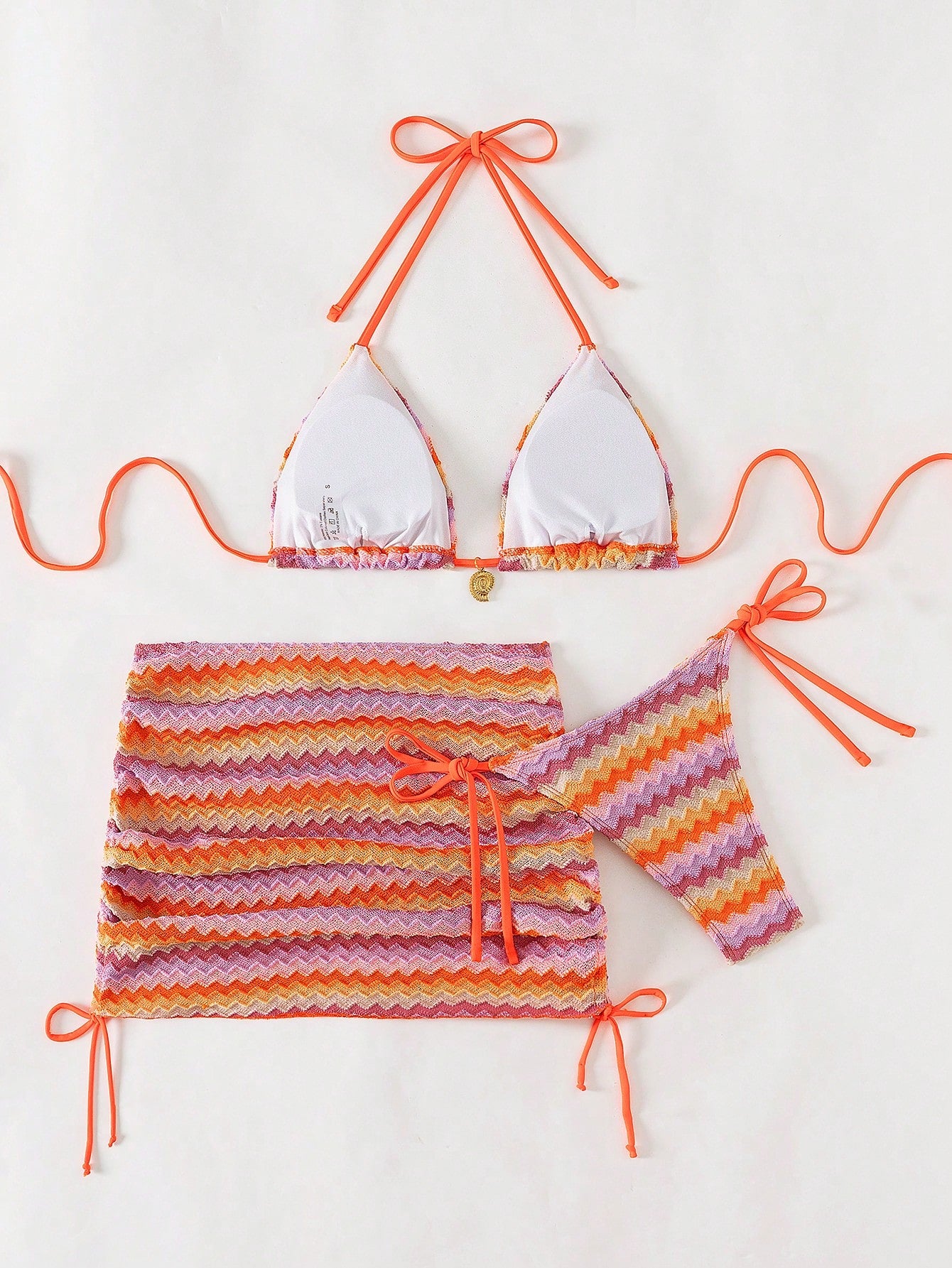 SHEIN Swim Mod 3pcs/Set Women Rainbow Striped Special Fabric Halter Neck Triangle Bikini Set With Drawstring Tie Side Bottoms