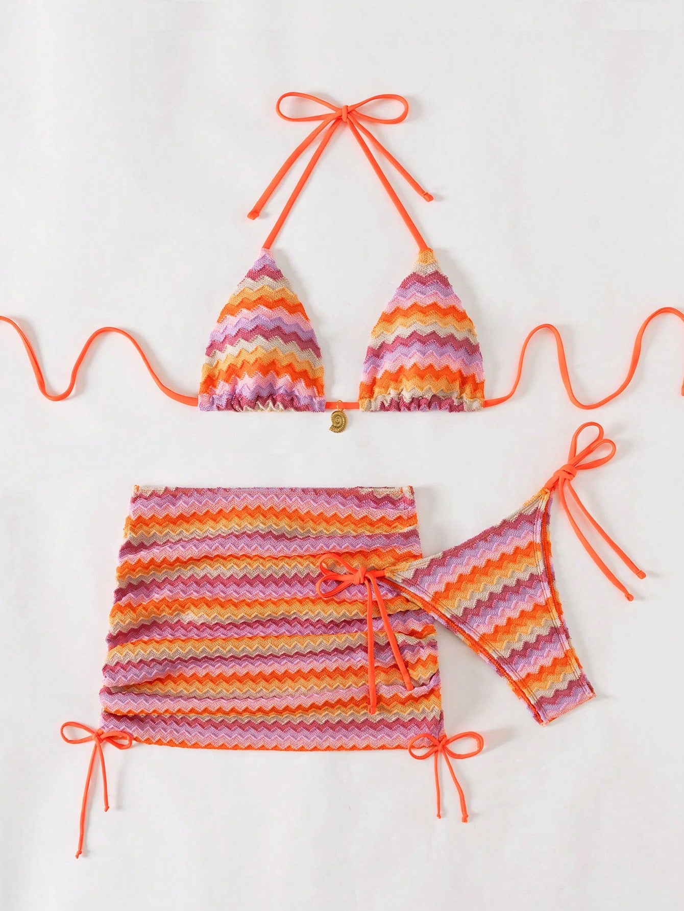 SHEIN Swim Mod 3pcs/Set Women Rainbow Striped Special Fabric Halter Neck Triangle Bikini Set With Drawstring Tie Side Bottoms