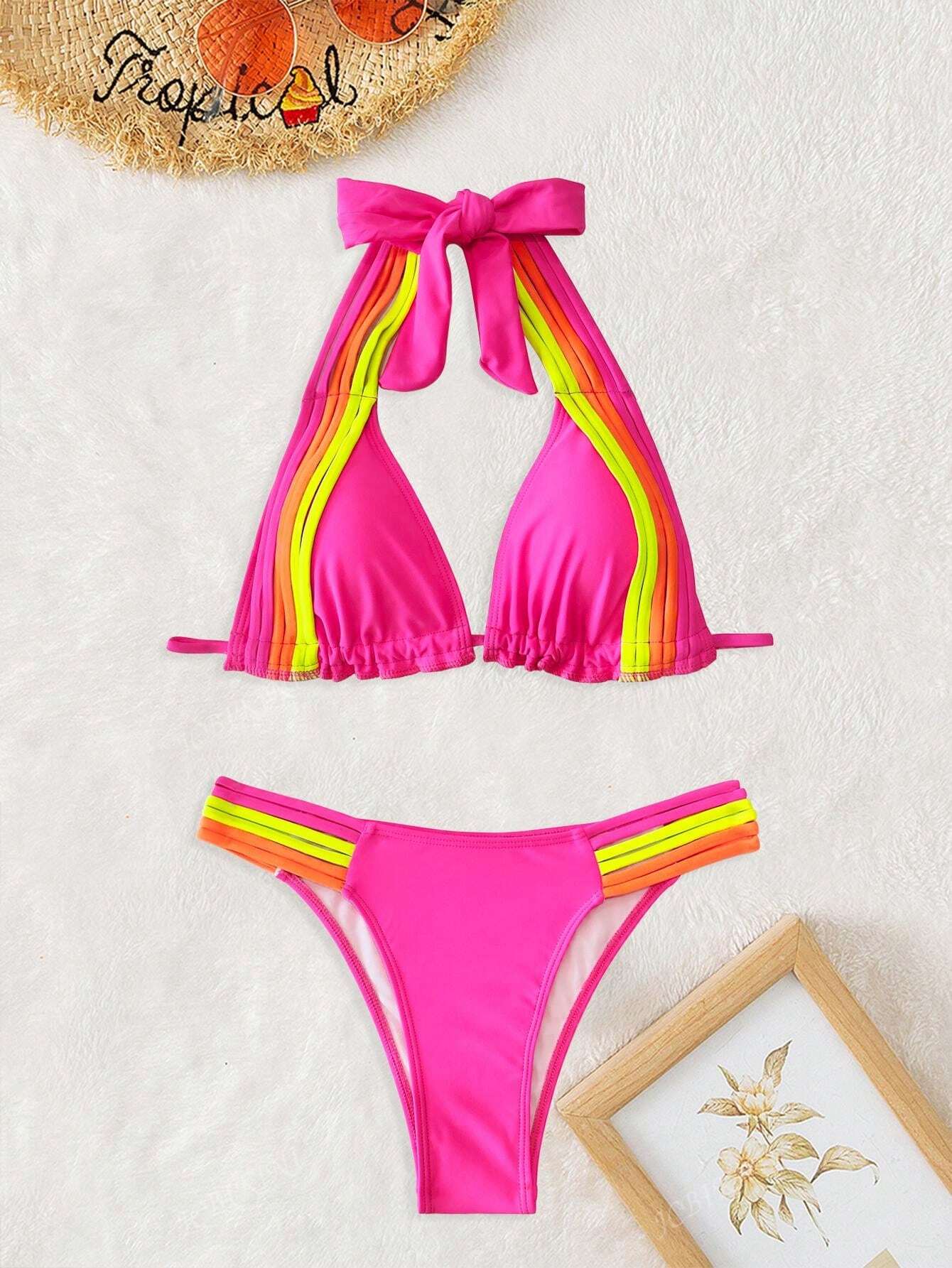 New Solid Color Soft Tie-Neck Sexy Open Back Bikini Set, Fashion Ladies Beach Swimsuit For Summer