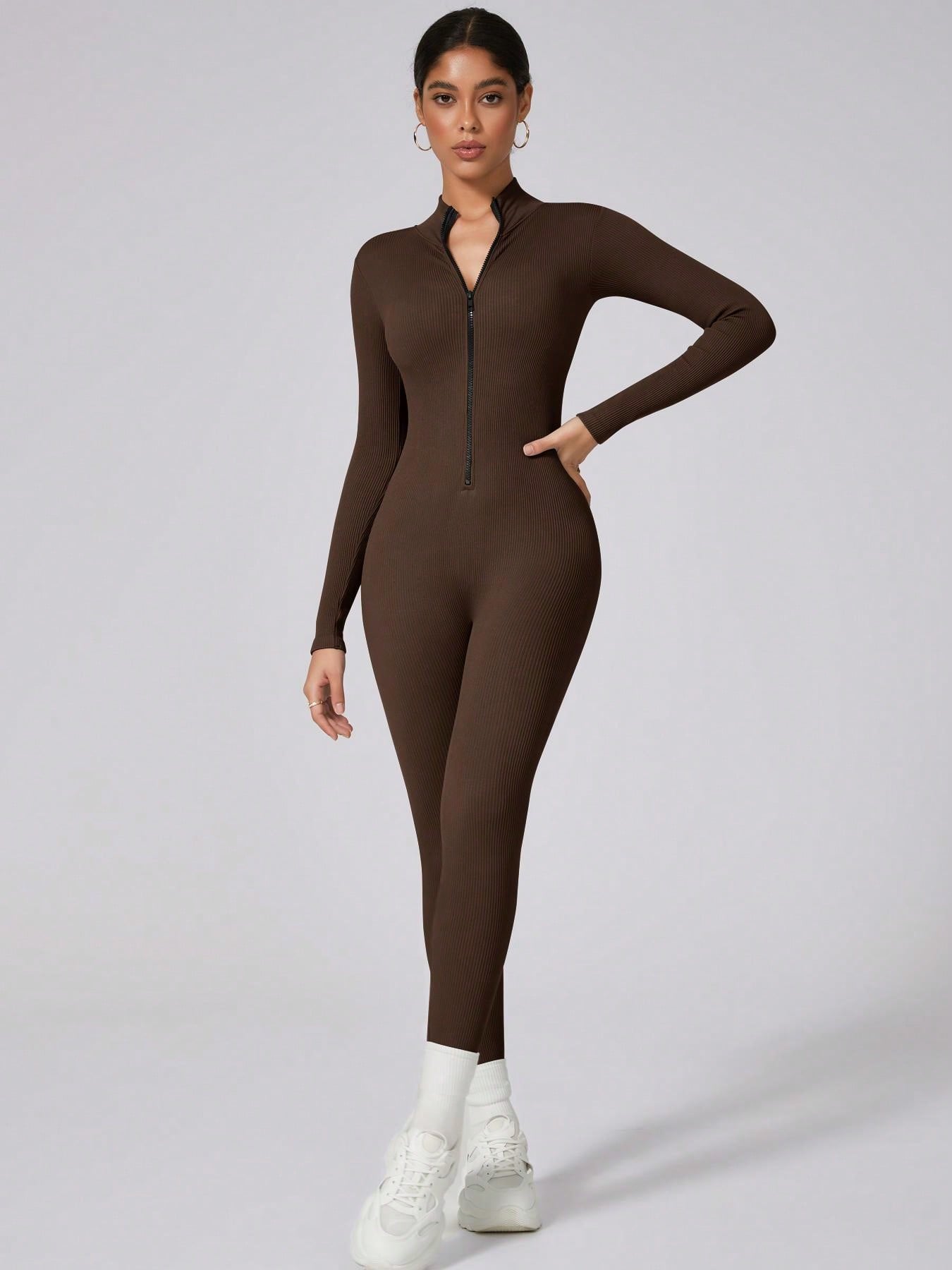 Women Zipper Front Long Sleeve Fitness Yoga Outfit - Bodycon Waist Tight Sports Jumpsuit For Running, Workout, Pilates