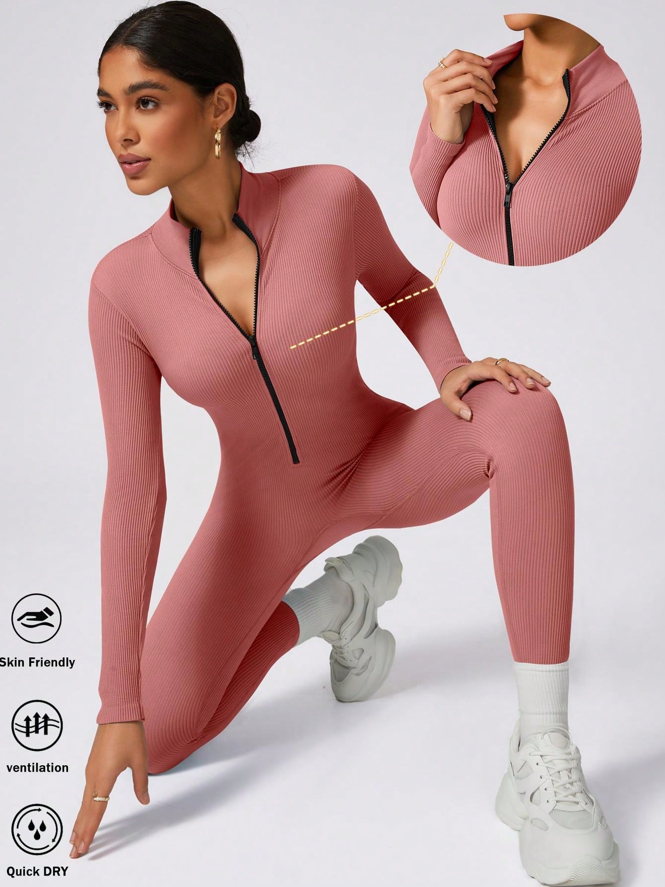 Women Zipper Front Long Sleeve Fitness Yoga Outfit - Bodycon Waist Tight Sports Jumpsuit For Running, Workout, Pilates