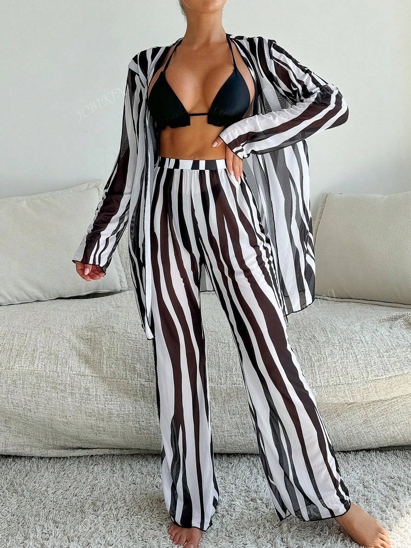 4pcs/Set New Asymmetrical Striped Print Belly-Slimming Swimsuit, Fashionable Ladies Beach Swimwear For Summer