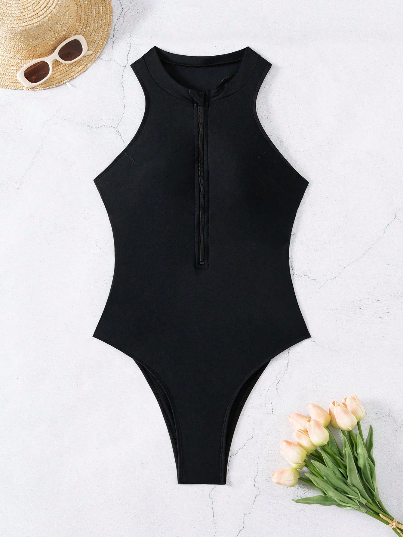 1pc Solid Color Women's One-Piece Swimsuit With Front Zipper