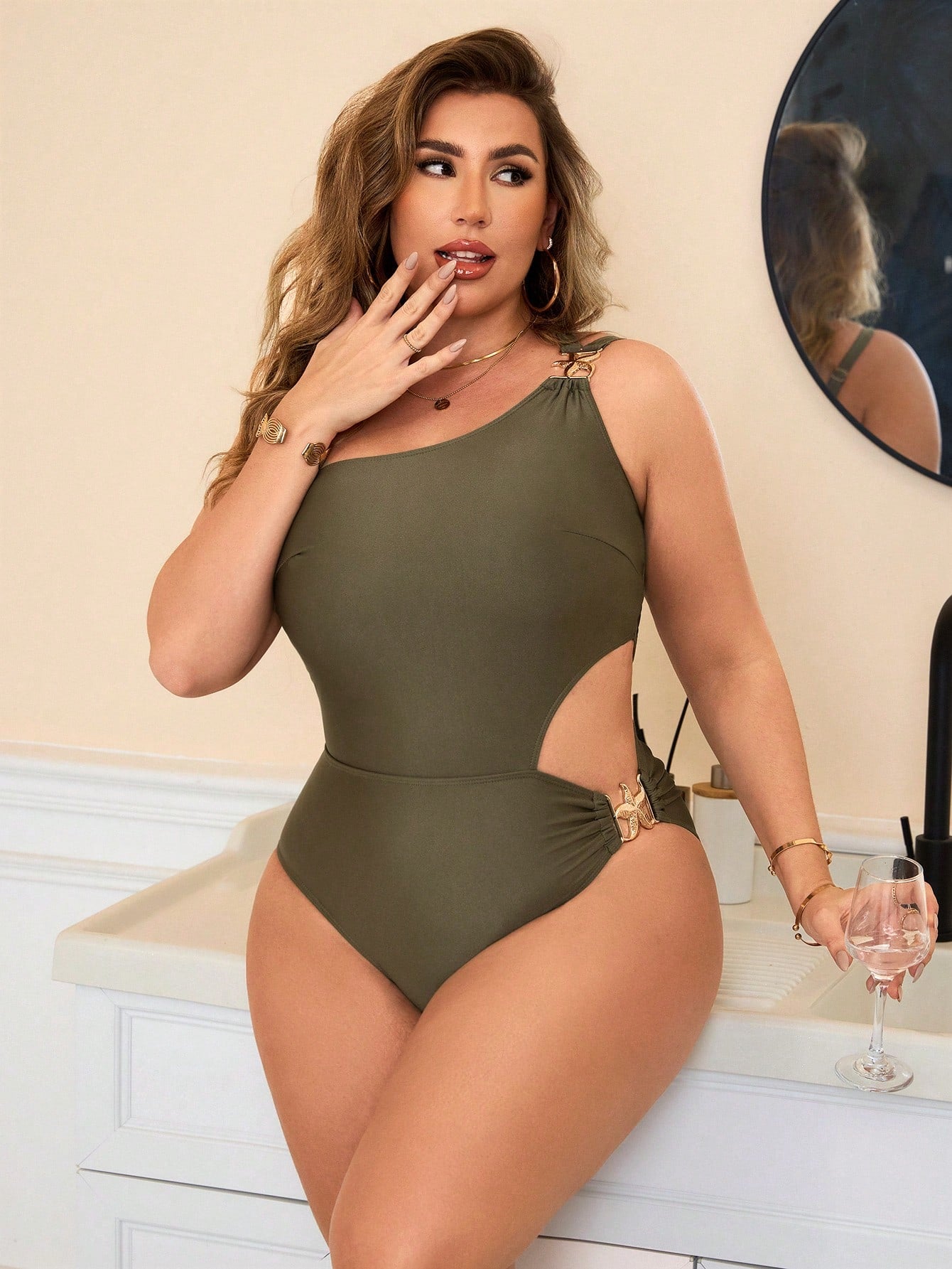 SHEIN Swim Chicsea Plus Size One-Piece Swimsuit, Elegant Shimmer Beach Swimwear, Summer