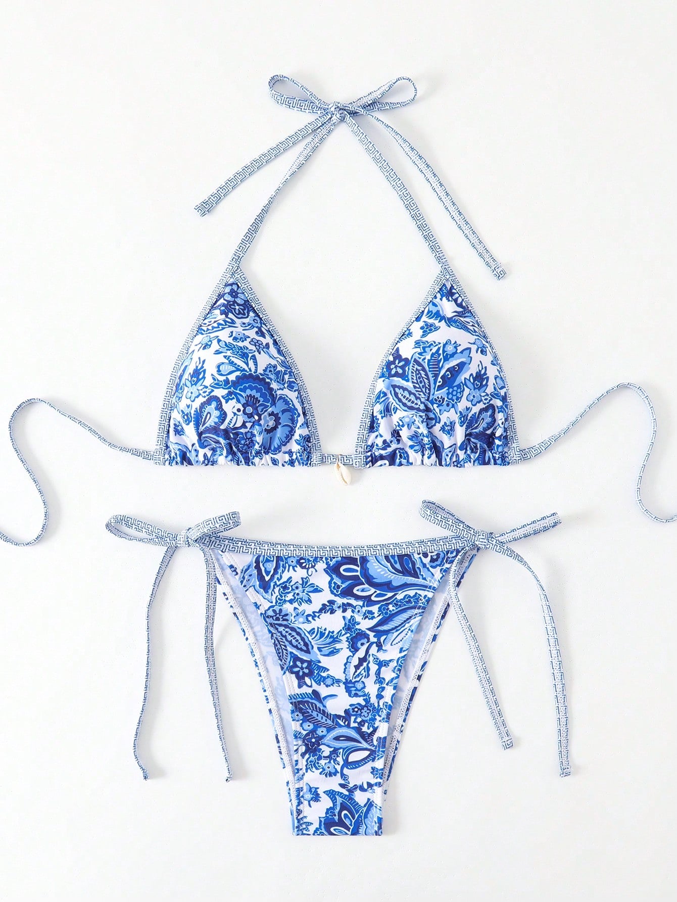 Women's Retro Porcelain Print Sexy Adjustable Tie Bikini Set, Suitable For Swimming, Beach And Holiday