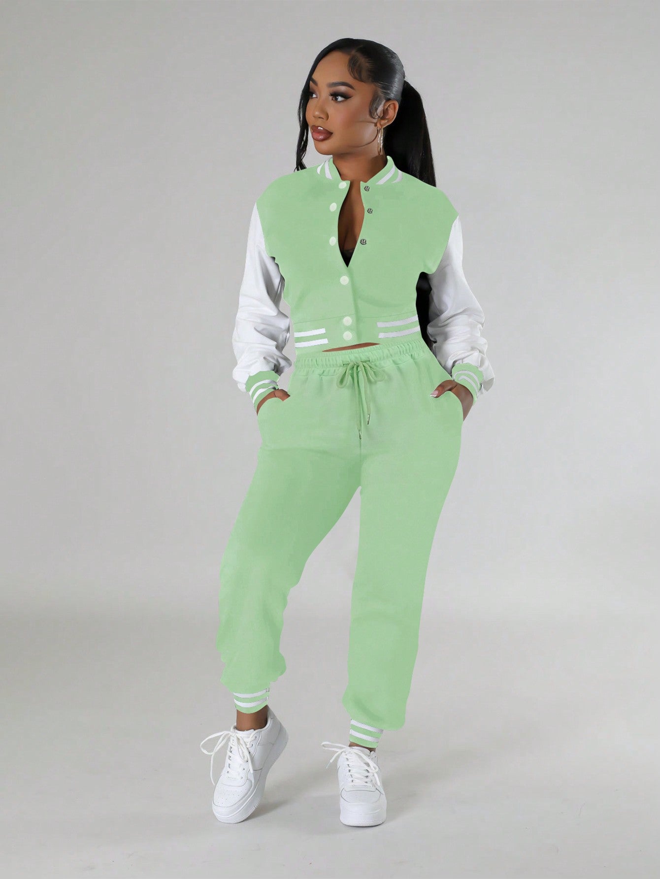 Chic & Comfortable: 2-Piece Women's Casual Sports Bomber Jacket & Sweatpants Set