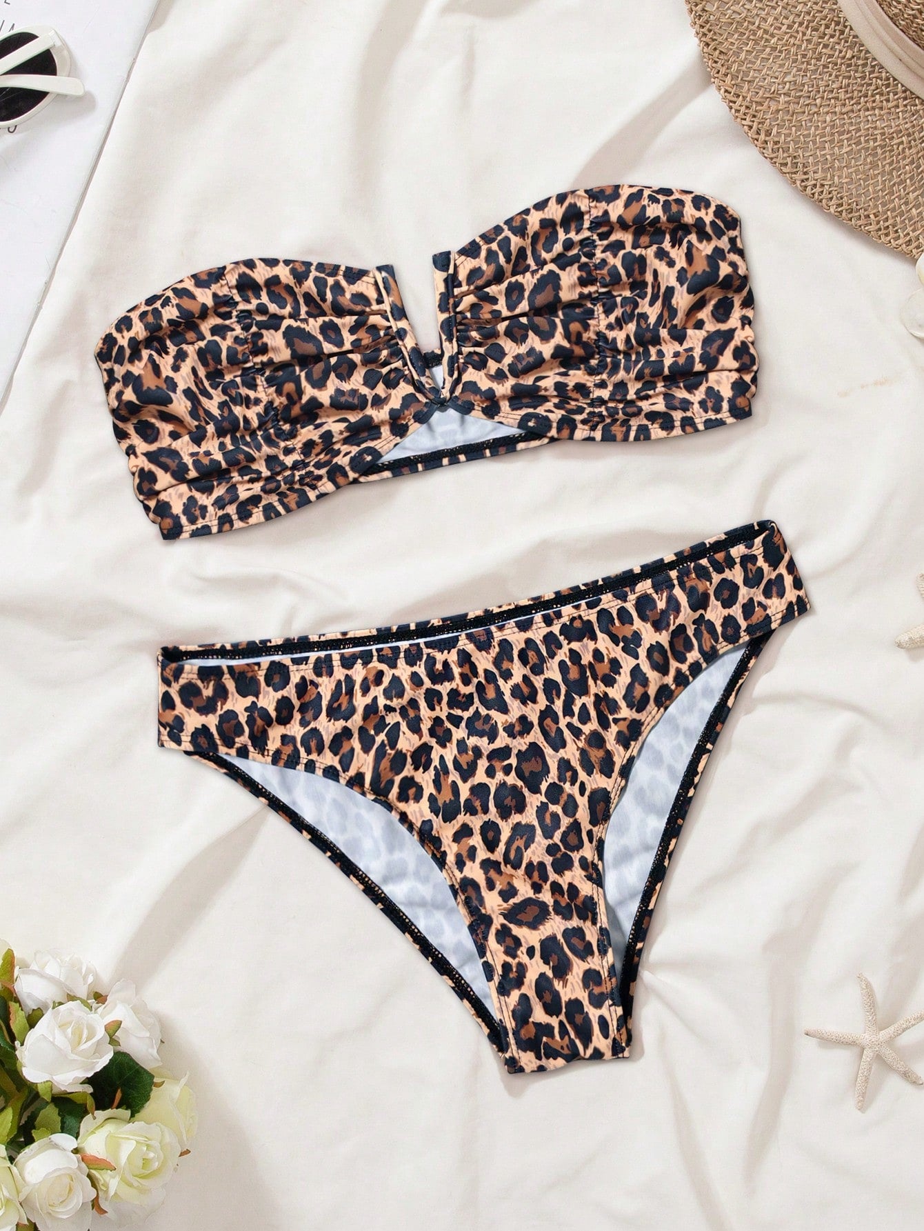 Women Leopard Print Halter V-Neck Swimsuit Set