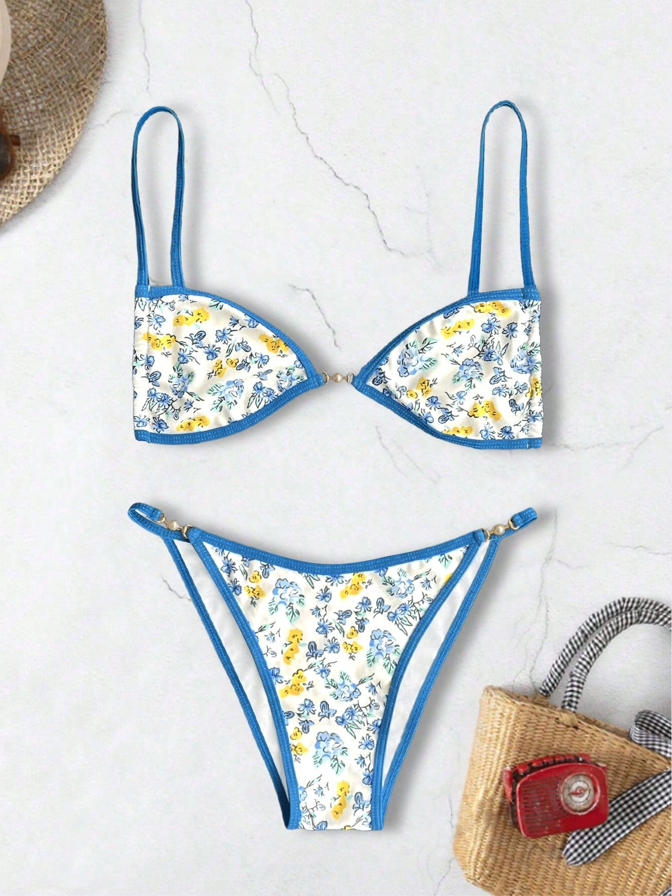 Women Floral Print Sexy Bikini Set, Random Print Spaghetti Strap Wireless Triangle Cup Ladies Swimsuit