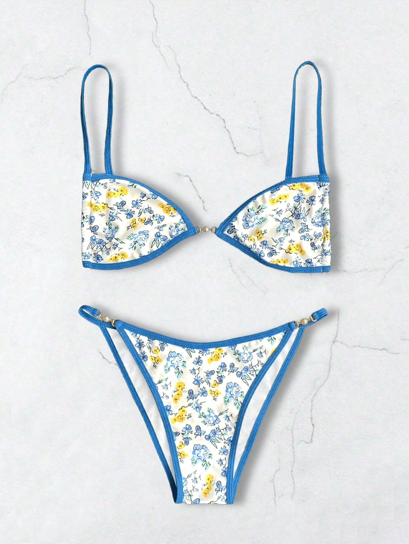 Women Floral Print Sexy Bikini Set, Random Print Spaghetti Strap Wireless Triangle Cup Ladies Swimsuit