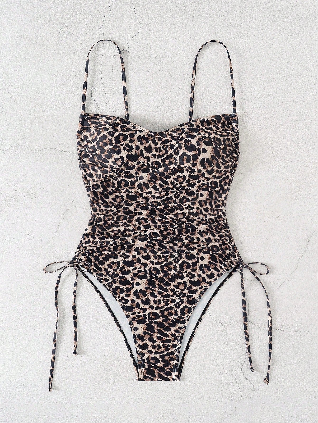 SHEIN Swim 1pc Women "Mob Wife" Style Leopard Print Sexy High Cut Adjustable Drawstring Tie Monokini Swimsuit