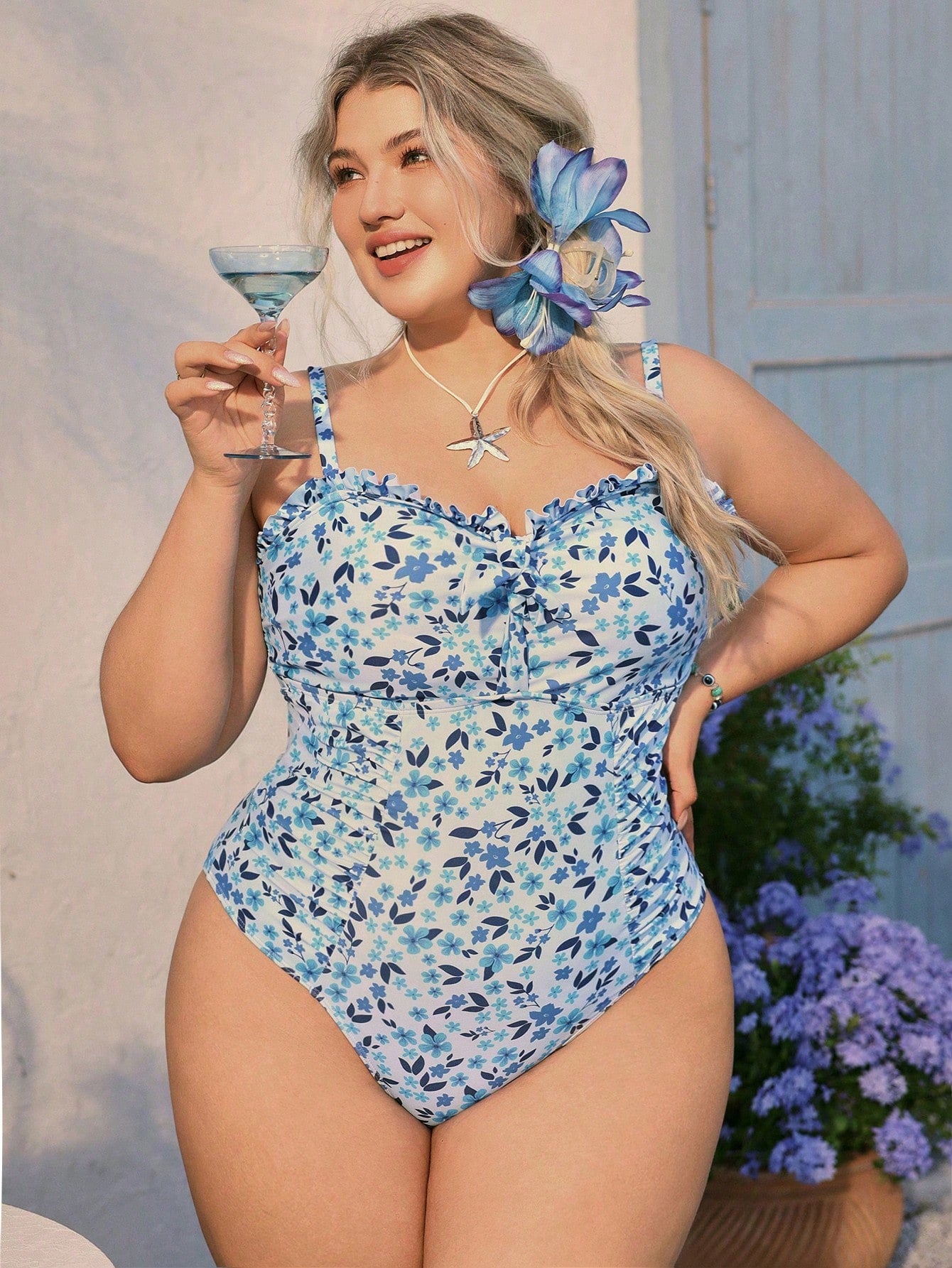 SHEIN Swim Mod Plus Size 1-Piece Swimsuit, Sweet Floral Print Ruffled Lace-Up Swimwear