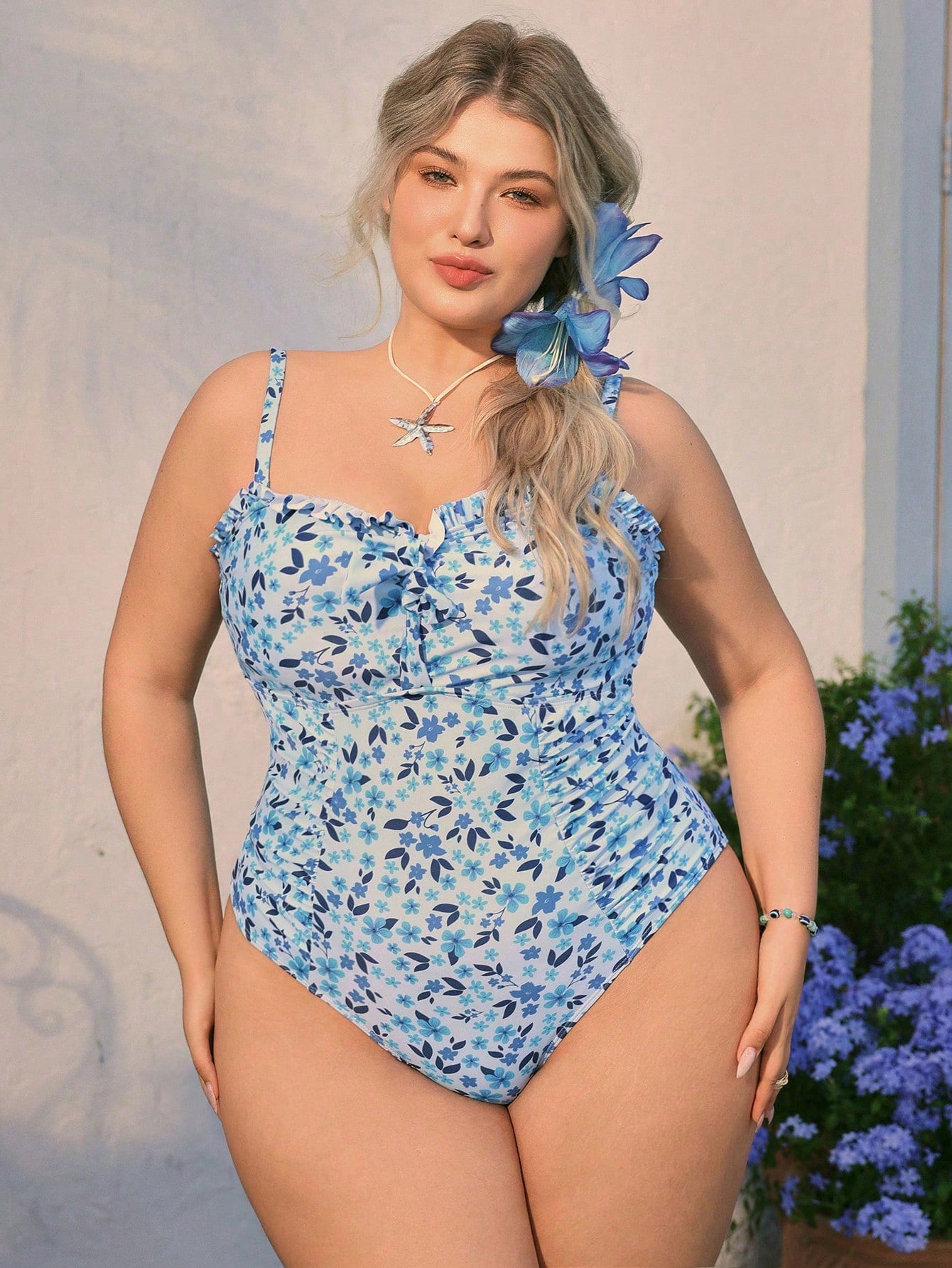 SHEIN Swim Mod Plus Size 1-Piece Swimsuit, Sweet Floral Print Ruffled Lace-Up Swimwear