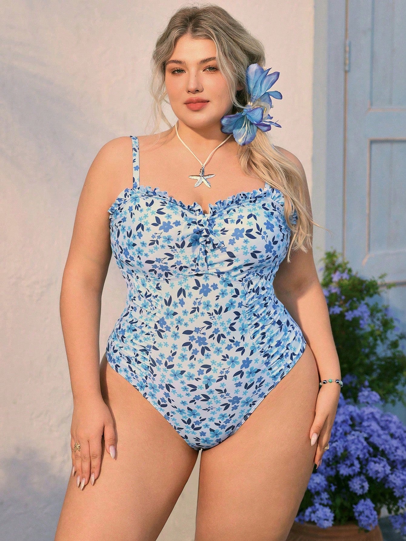 SHEIN Swim Mod Plus Size 1-Piece Swimsuit, Sweet Floral Print Ruffled Lace-Up Swimwear